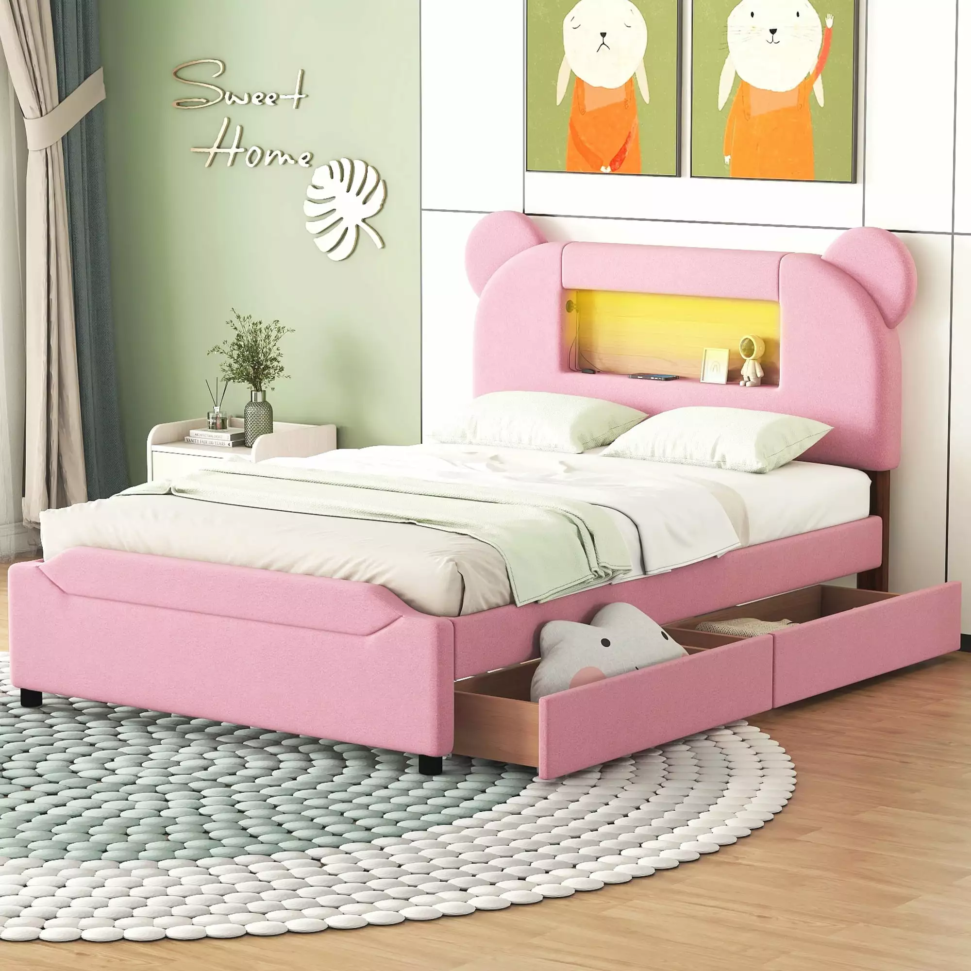 Euroco Upholstered Full Cartoon Bed with LED Light and USB Charging. 2 Drawers Platform. Pink