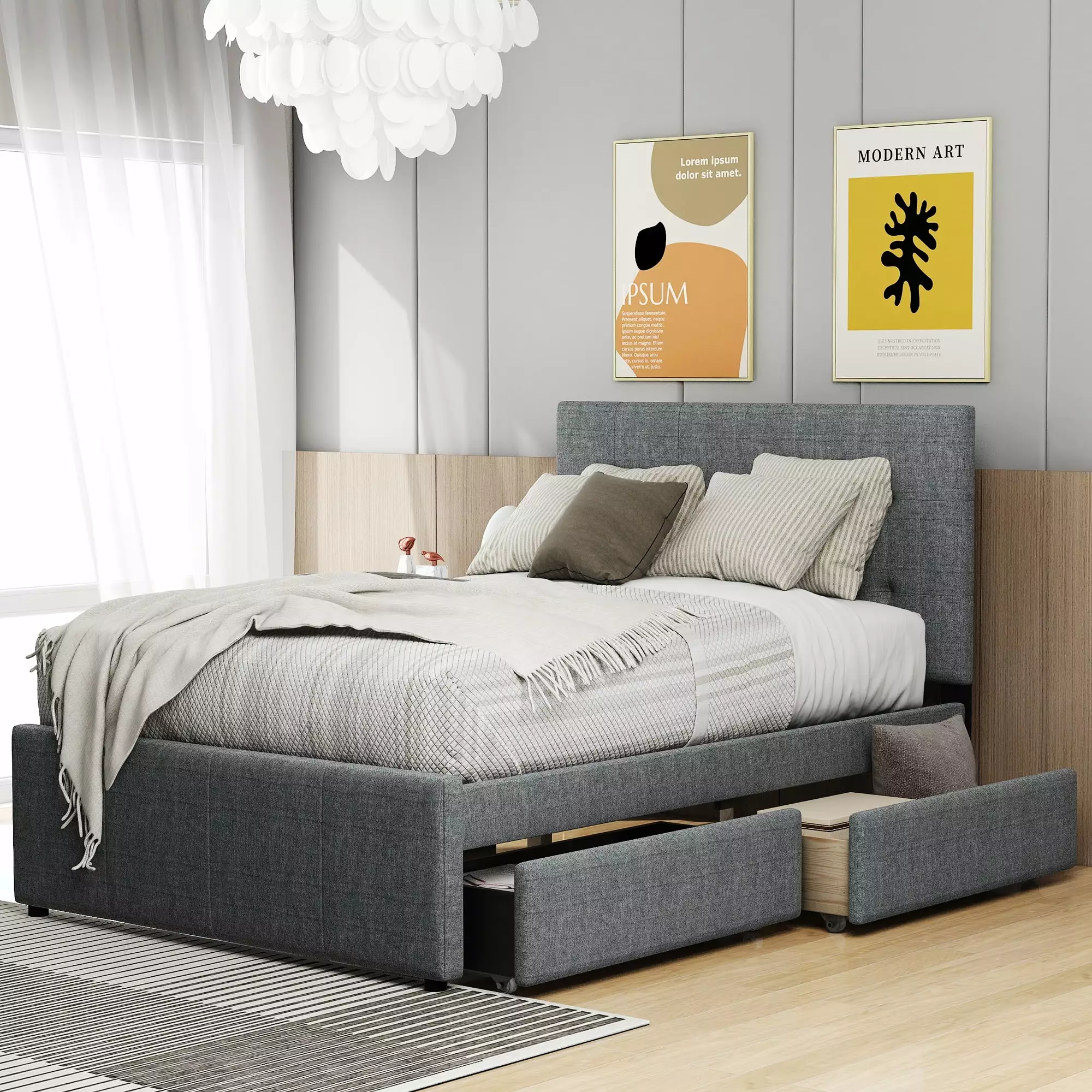 Euroco Upholstered Full Size Platform Bed with 2 Drawers for Kids Room. Solid Wood Bed for Guests room. Gray