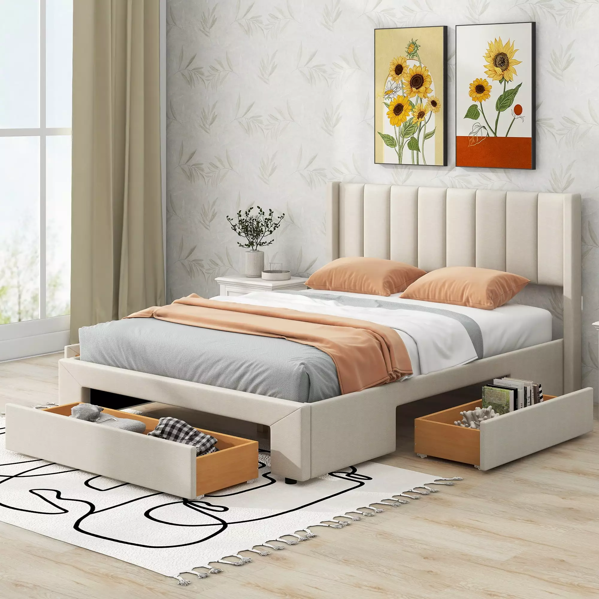 Euroco Upholstered Queen Size Platform Bed with 3 Storage Drawers for Bedroom. Moveable 3 Drawers for Use. Beige