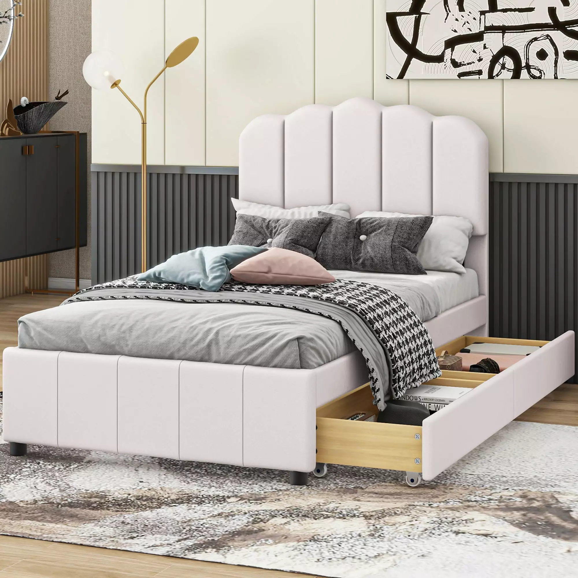 Euroco Upholstered Twin Bed. Platform Bed with 2 Drawers. Beige