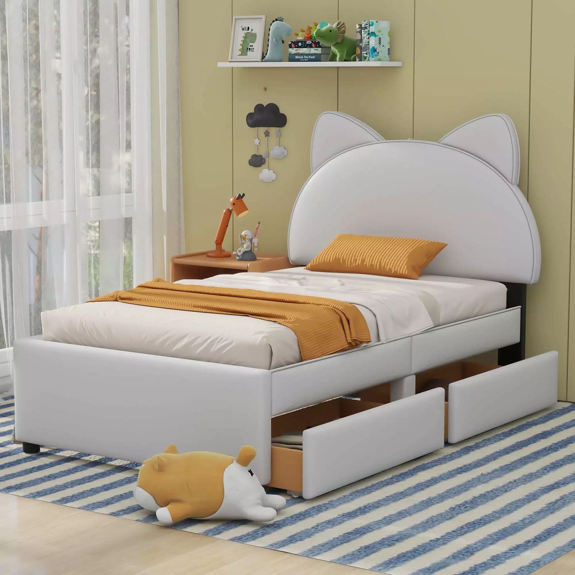 Euroco Upholstered Twin Size Platform Bed with 2 Drawers. Cartoon Bed for Kids Room. White