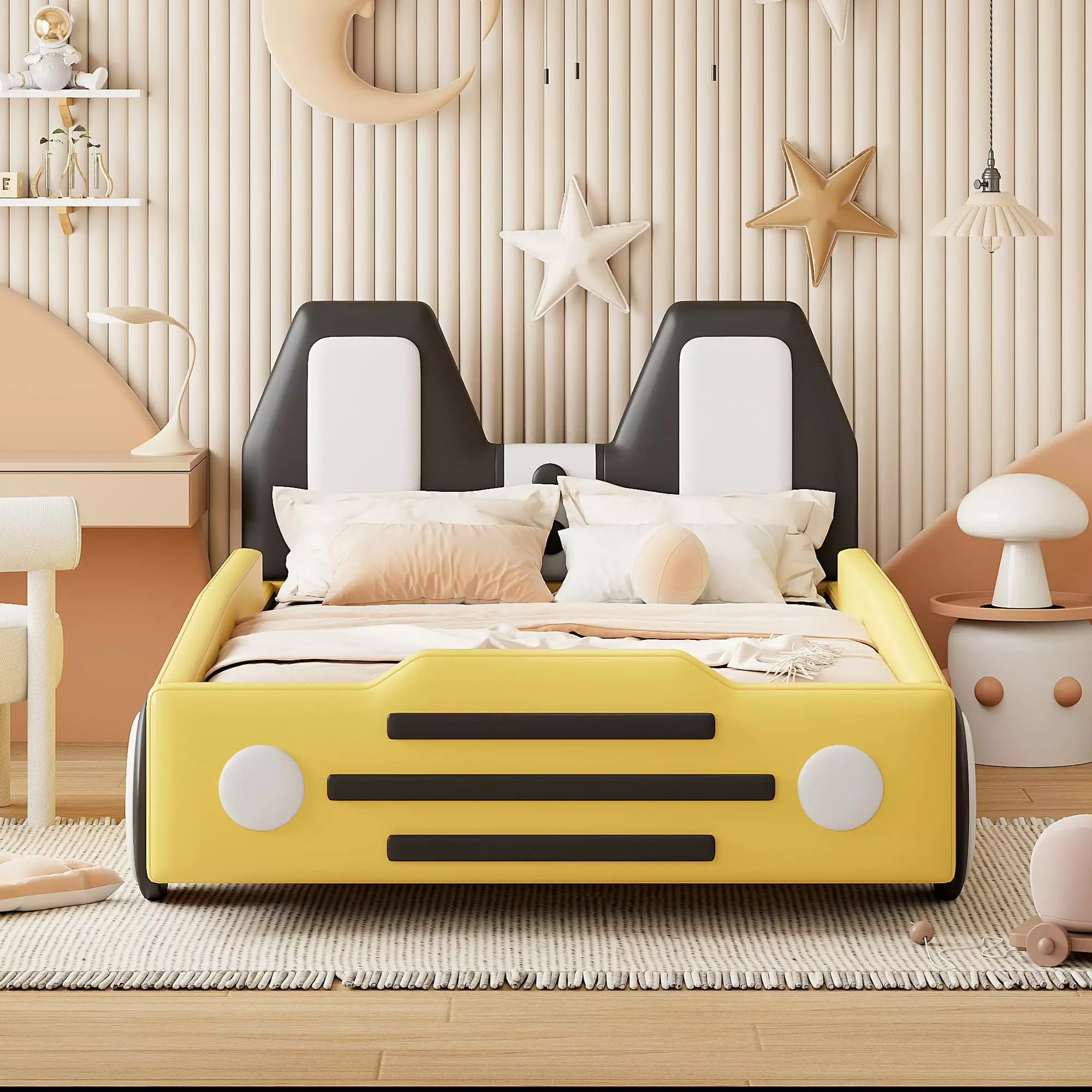 Euroco Upholsterered Race Car-Shaped Twin Size Platform Bed for Kids' Bedroom. Yellow