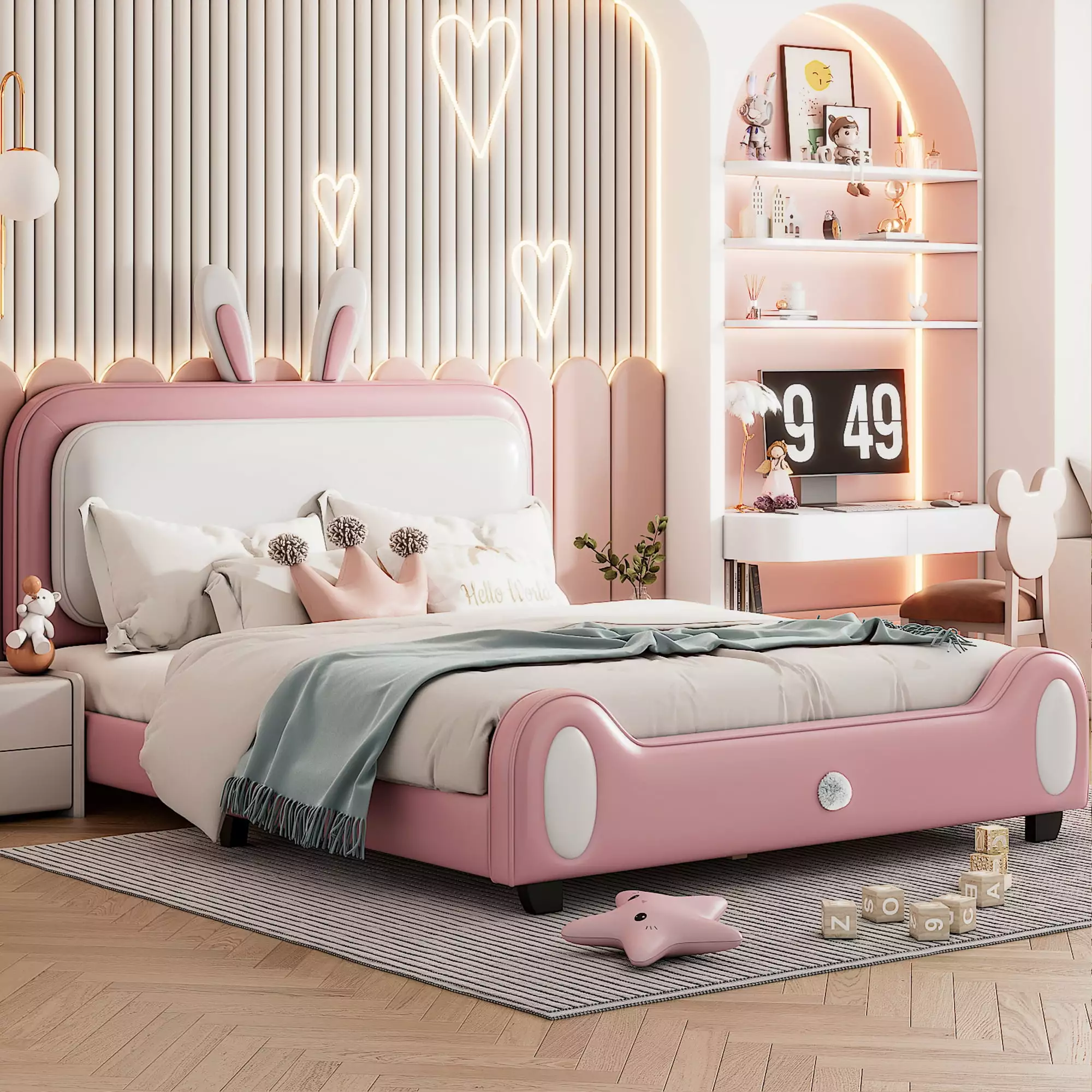 Euroco Upholstery Platform Bed. Bunny-Shaped Bed for Kids Bedroom. Full Bed with Headboard. Pink & White