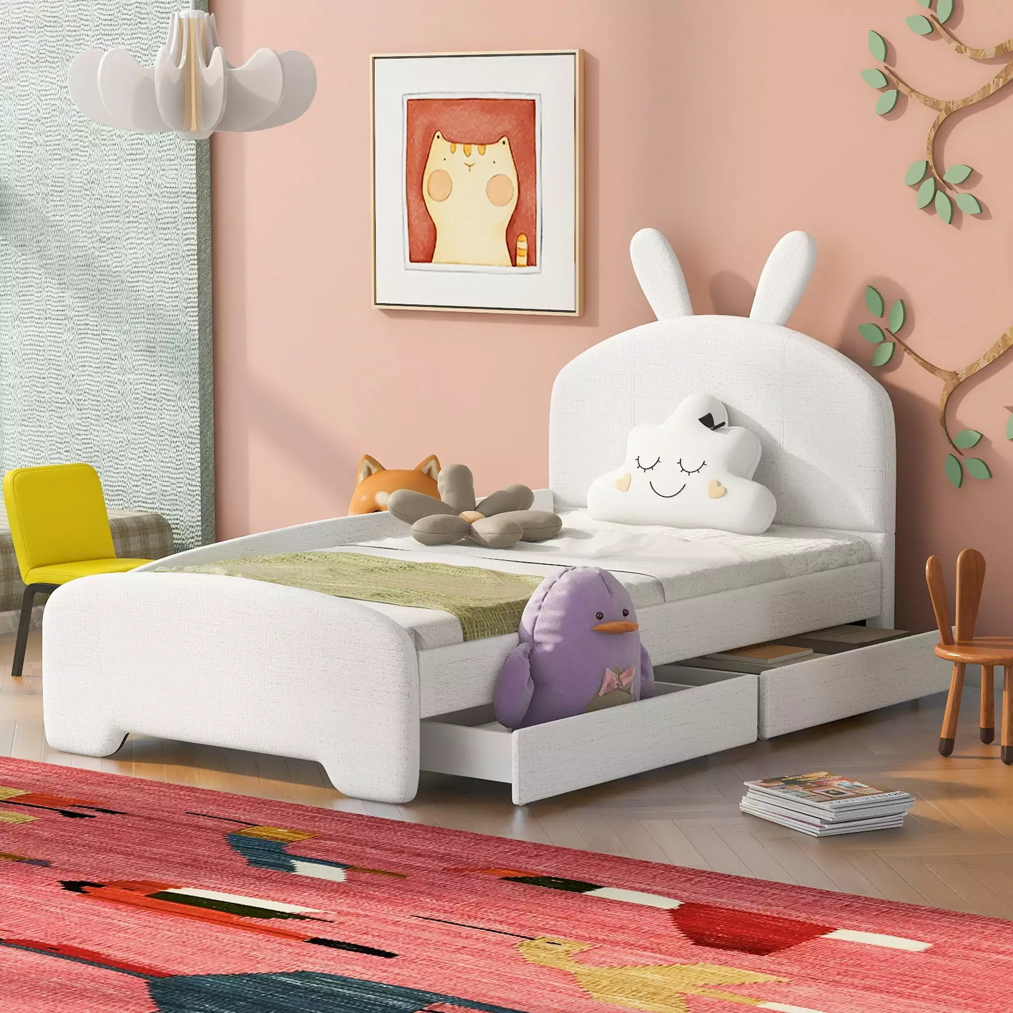 Euroco Upholstery Twin Size Platform Bed. Bunny-Shaped Bed with 2 Drawers for Kids. White