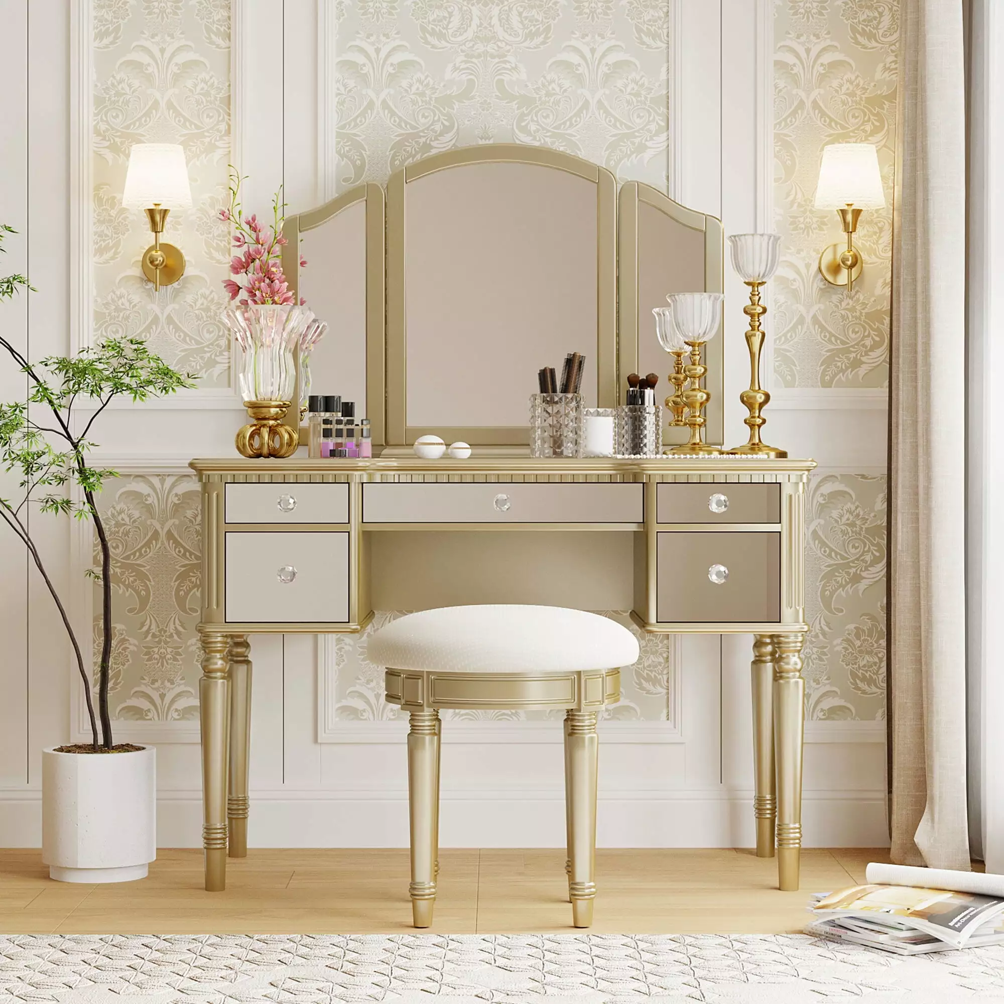 Euroco Vanity Set with Tri-Fold Mirror Dressing Table Set with Mirrored Drawers and Stool. Makeup Vanity for Bedroom. Gold