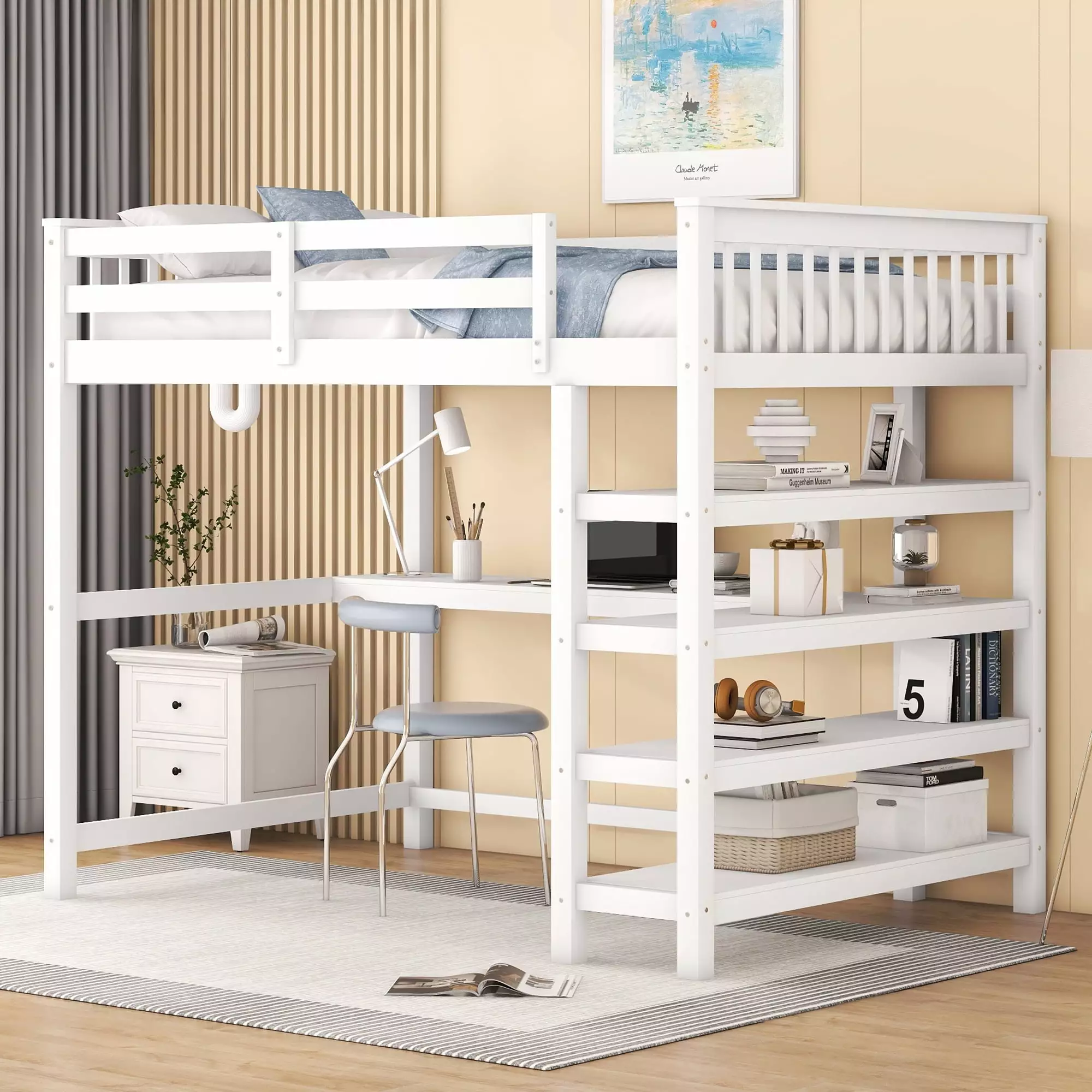 Euroco Wood Full Loft Bed with Desk and Storage Shelf for Kids. White