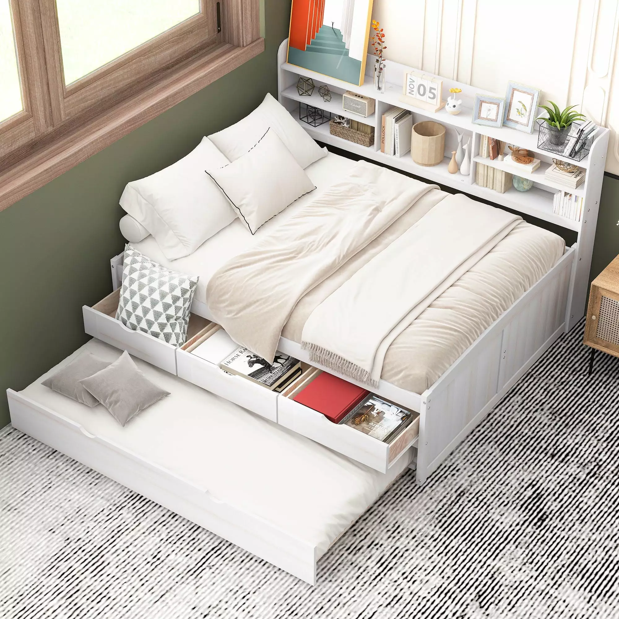 Euroco Wood Full Size Daybed with Shelf. Trundle and Drawers. Wood Captain Platform Bed with Staorage. 3 Drawers and Trundle. White