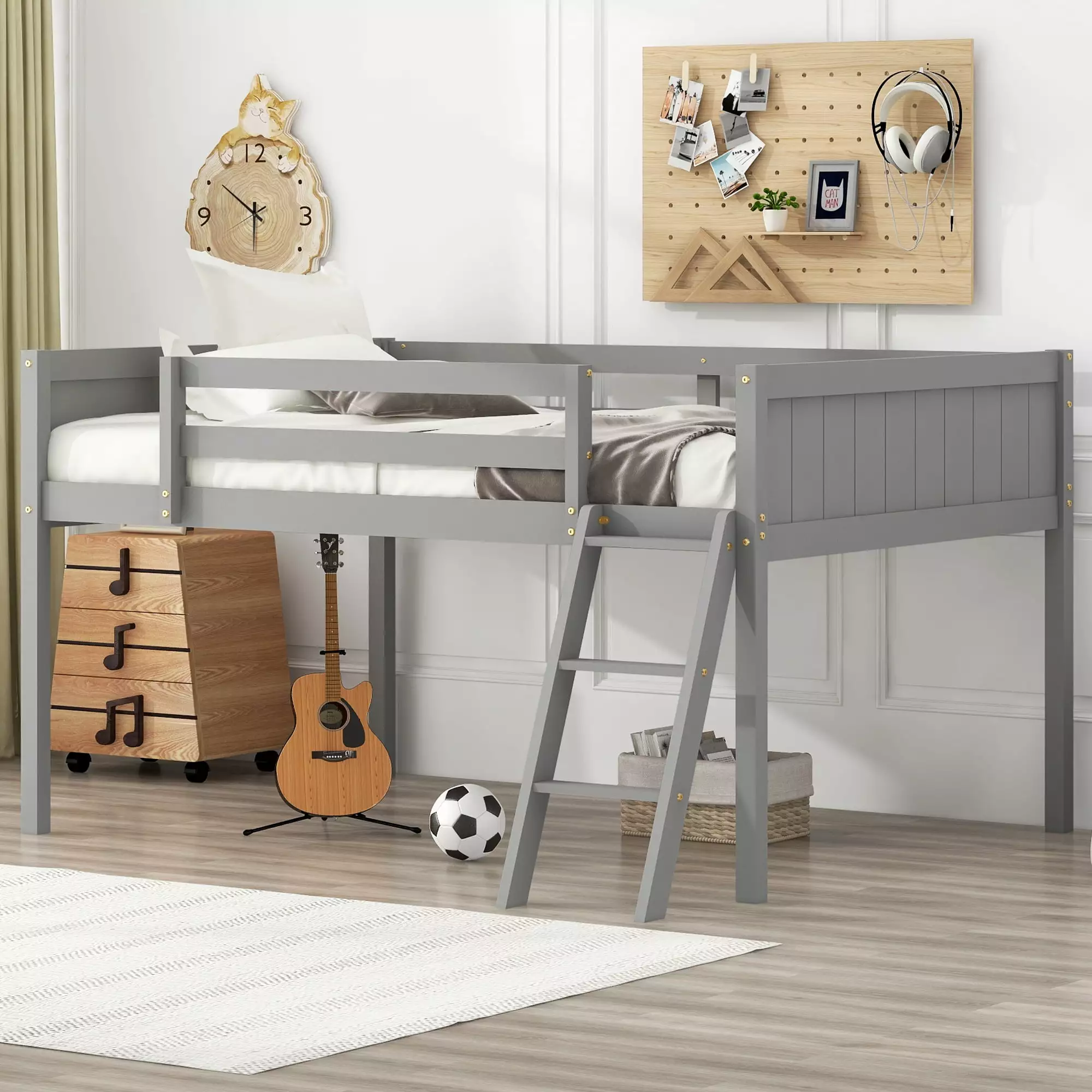 Euroco Wood Full Size Loft Bed. Low Profile Bed with Ladder for Kids. Gray