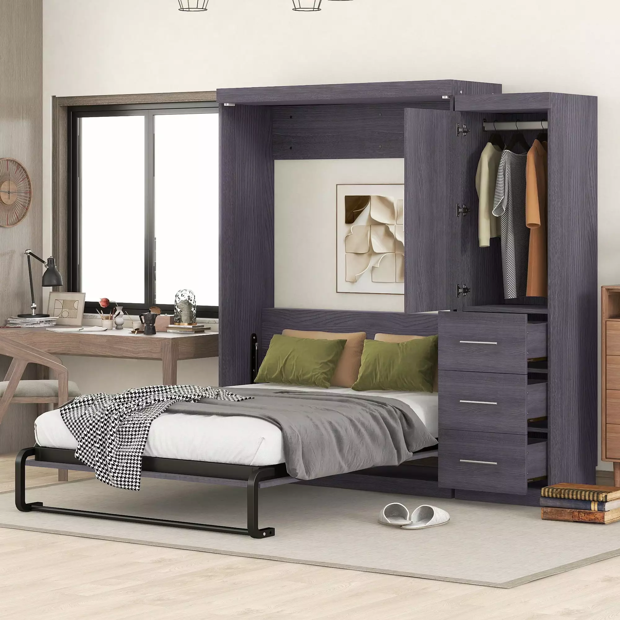 Euroco Wood Full Size Murphy Wall Bed with Wardrobe and Drawers for Living Room. Moveable Wardrobe and Drawers. Space-Saving & Easy Open and Close. Gray