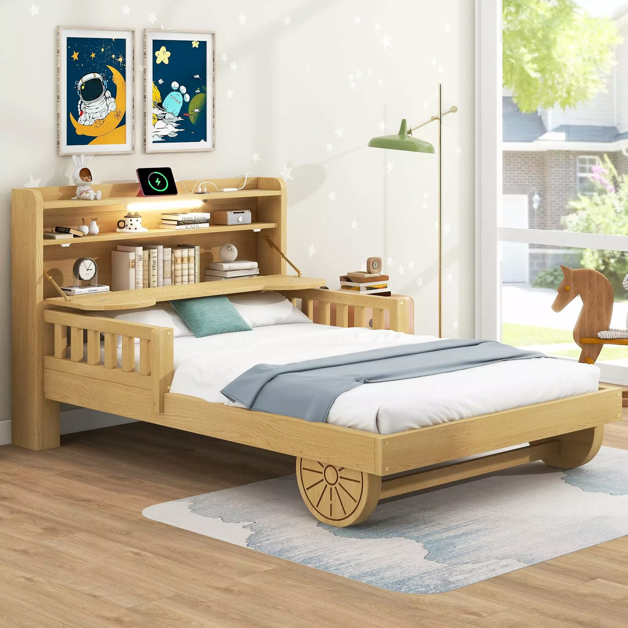 EUROCO Wood Twin Size Platform Bed Frame with Storage Headboard. Bear Shaped Car Bed for Kids and Adults. LED Light and USB Charging Station