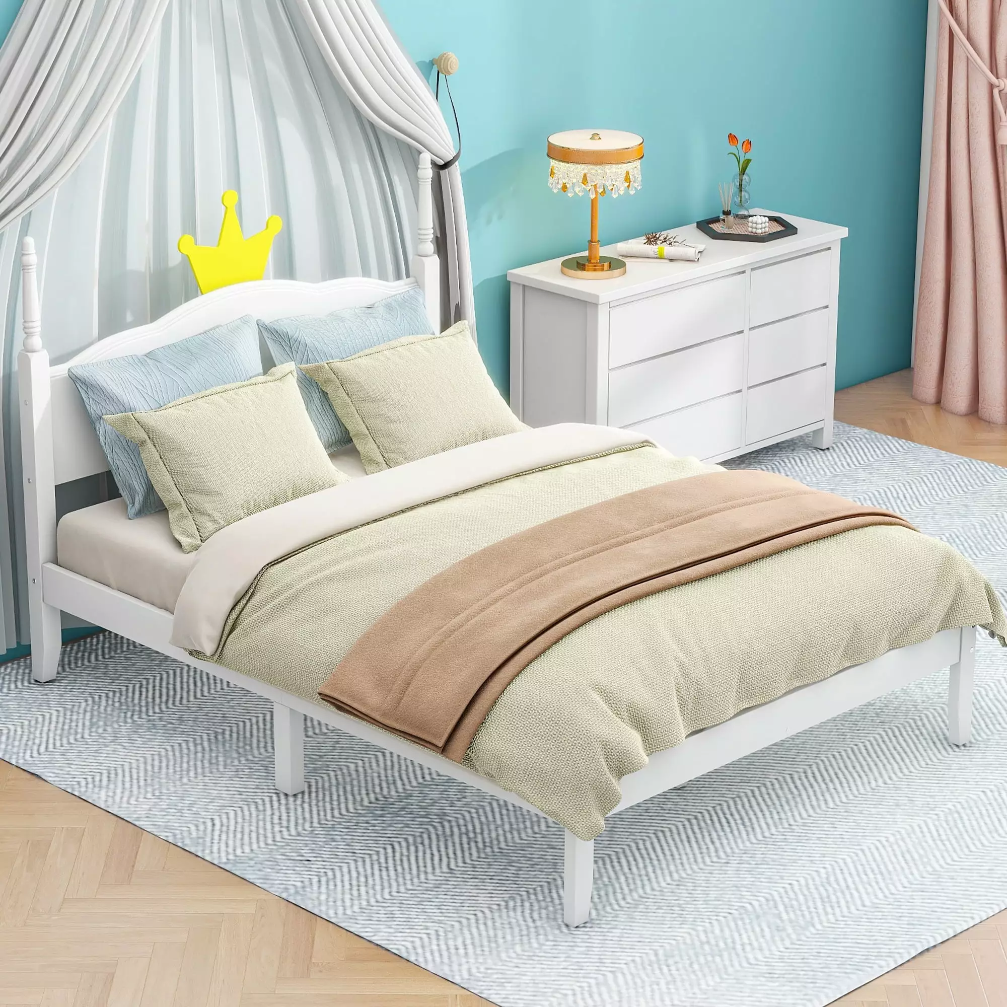 Euroco Wood Full Size Platform Bed. Bed with Crown for Kids Teens Adults. White