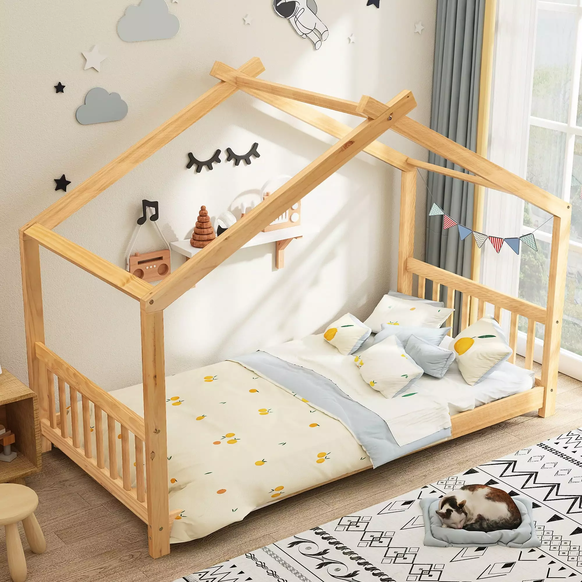 Euroco Wood House-Shaped Twin Platform Bed for Kids. Low Profile House Bed. No Box Spring Needed. Wood Color