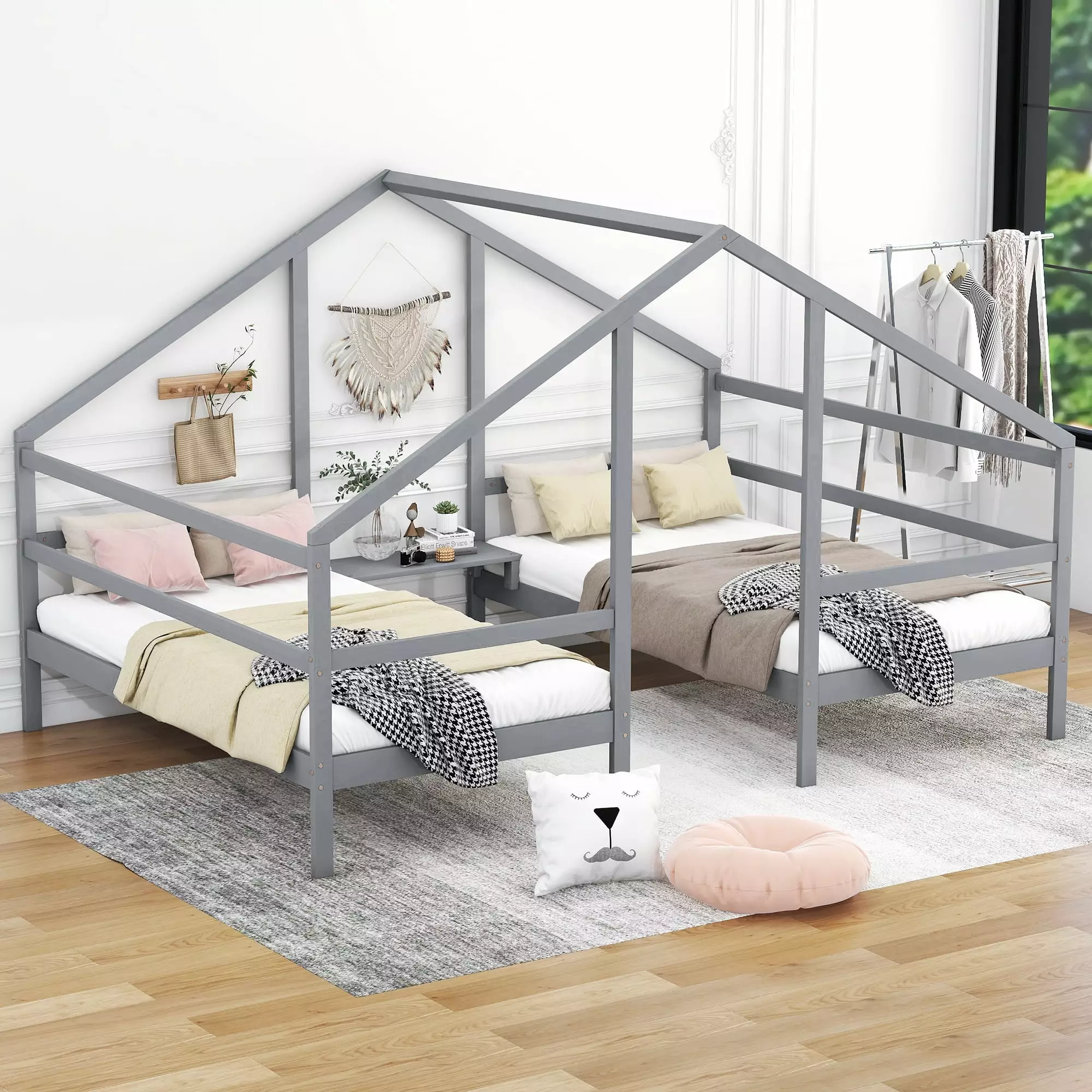 Euroco Wood House Twin Bed. Two Beds in One with Movable Desk. Gray