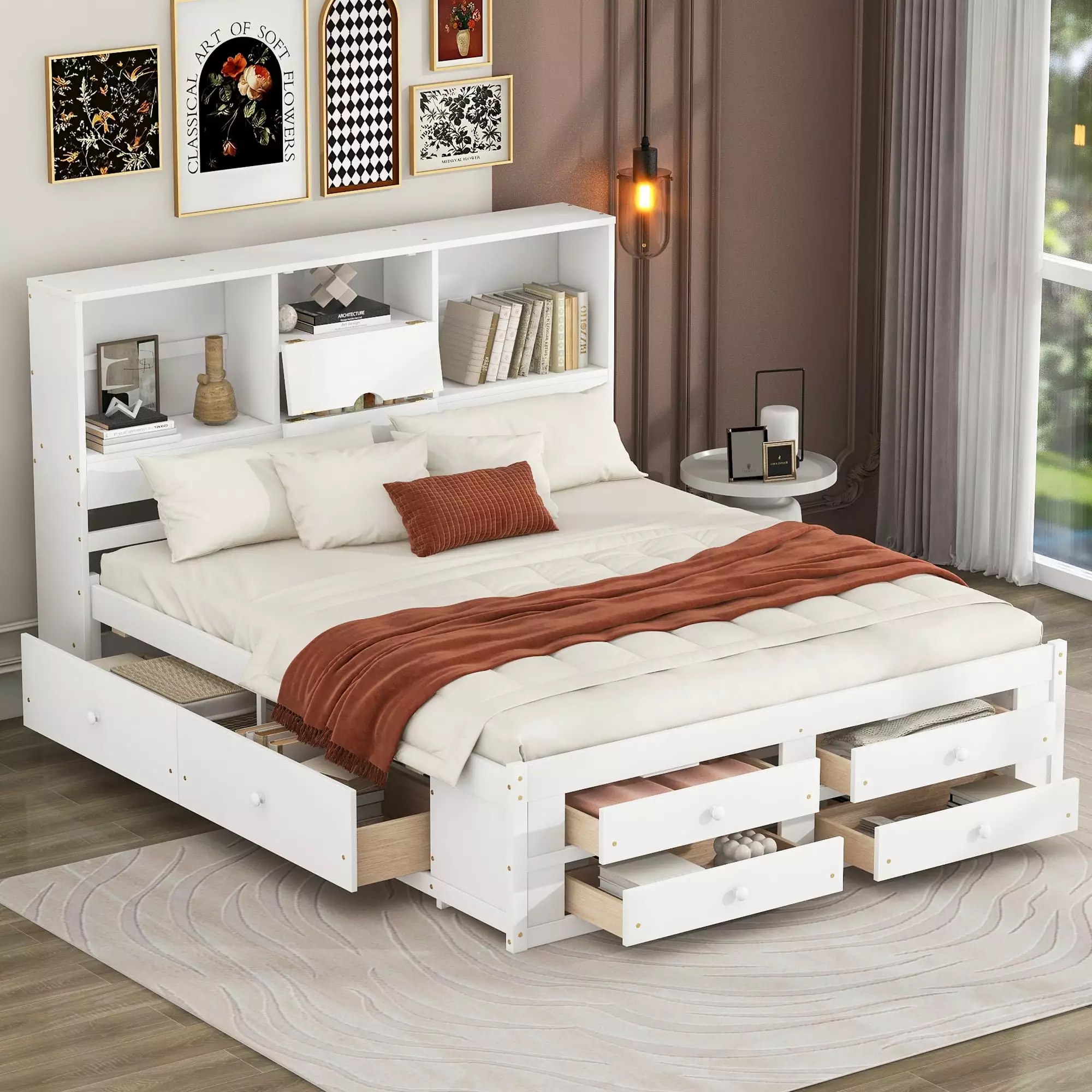 Euroco Wood Queen Size Platform Bed with Storage Headboard. 8 Drawers for Bedroom. Living Room. White