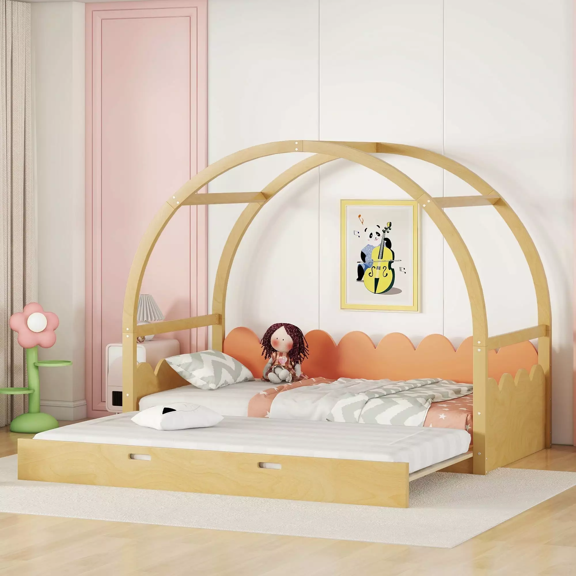 Euroco Wood Twin House Bed. Convertible King Bed with Roof Design for Kids Teens Adults. Natural