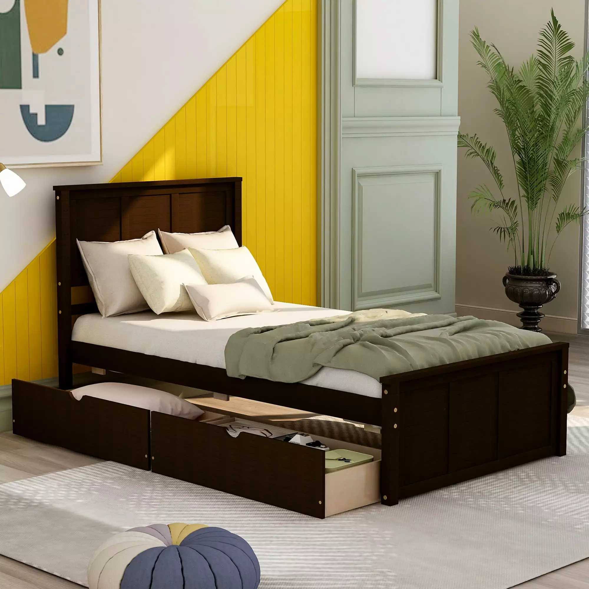 Euroco Wood Twin Platform Bed with Headboard & 2 Storage Drawers for Kids. Espresso