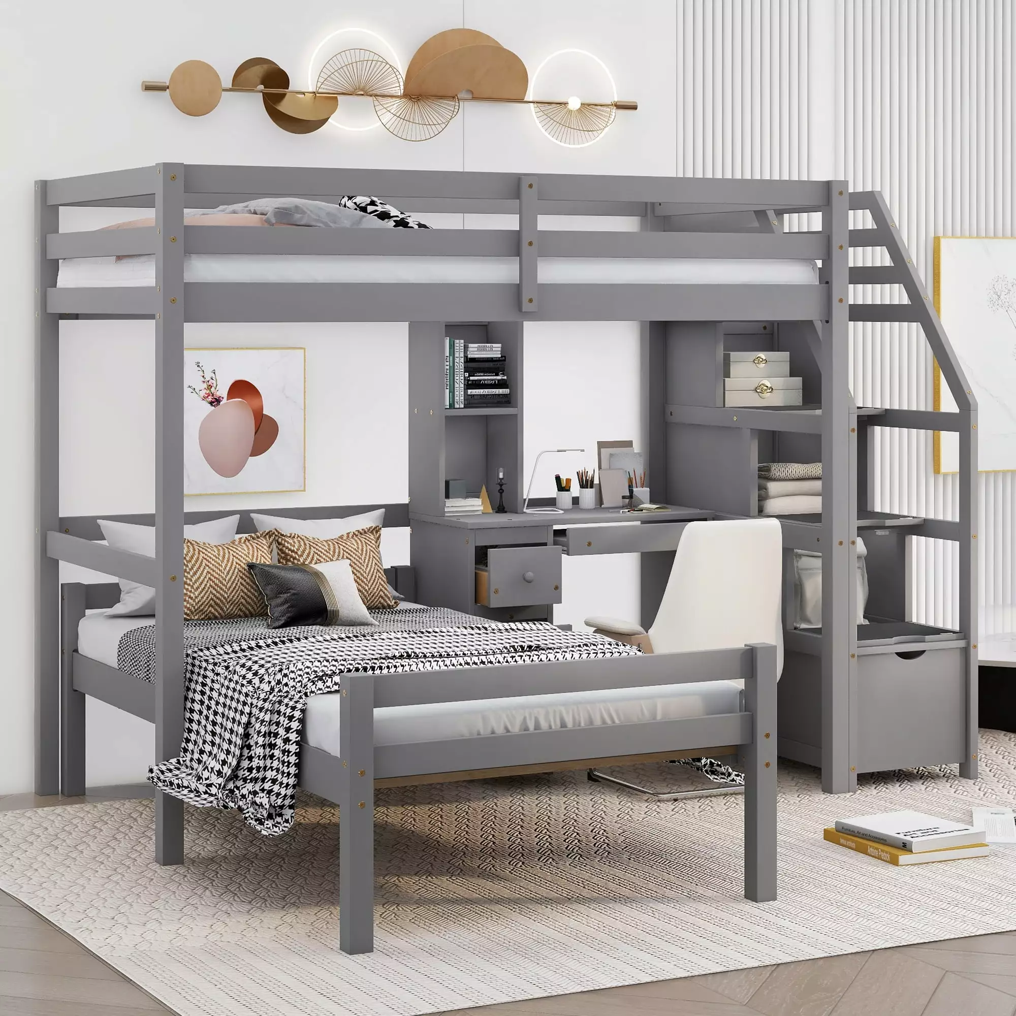 Euroco Wood Twin Size Bunk Loft Bed with Desk. Drawers and Shelf for Kids Bedroom. Gray