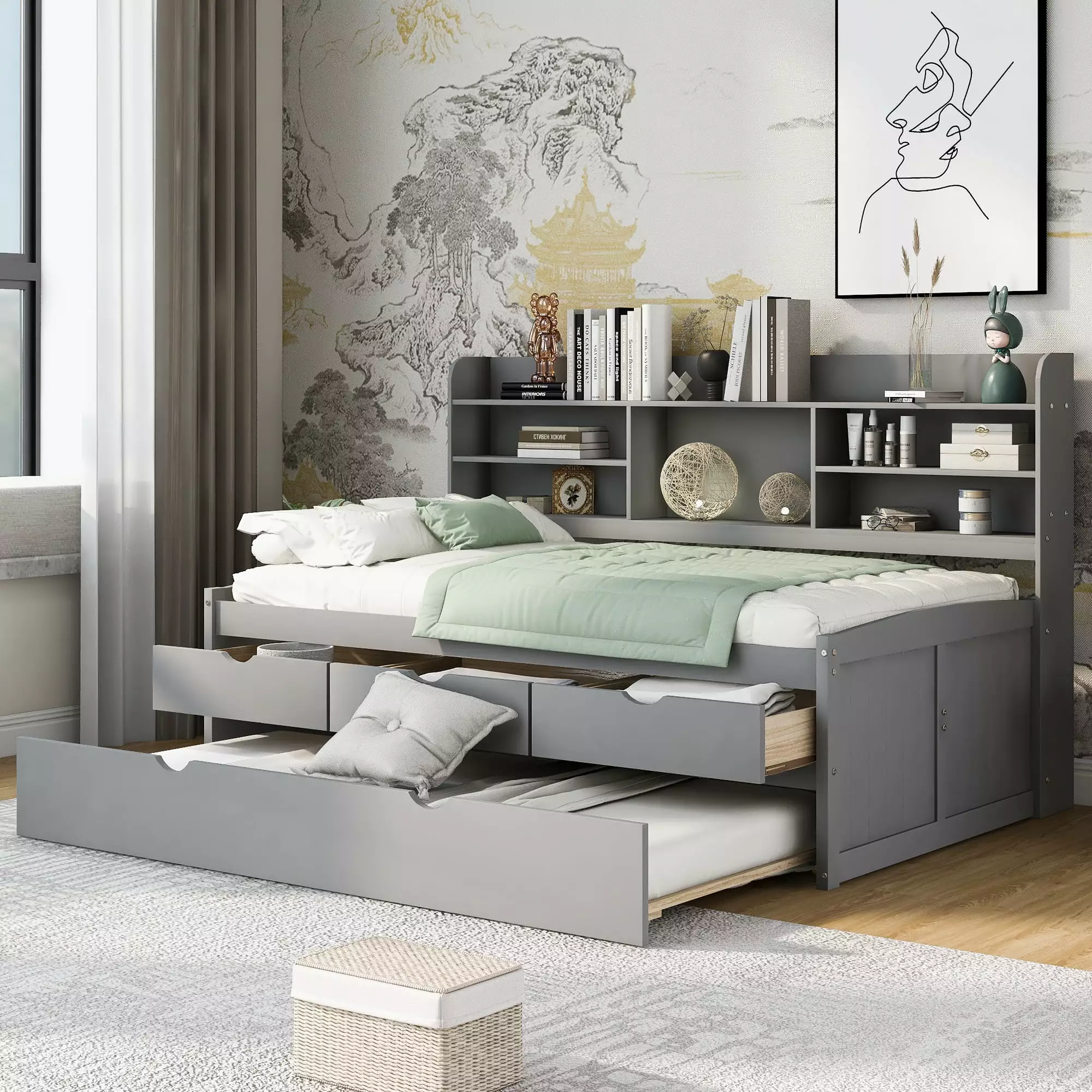 Euroco Wood Twin Size Daybed with Shelf. Trundle and Drawers. Wood Captin Platform Bed with Staorage. 3 Drawers and Trundle. Light Gray