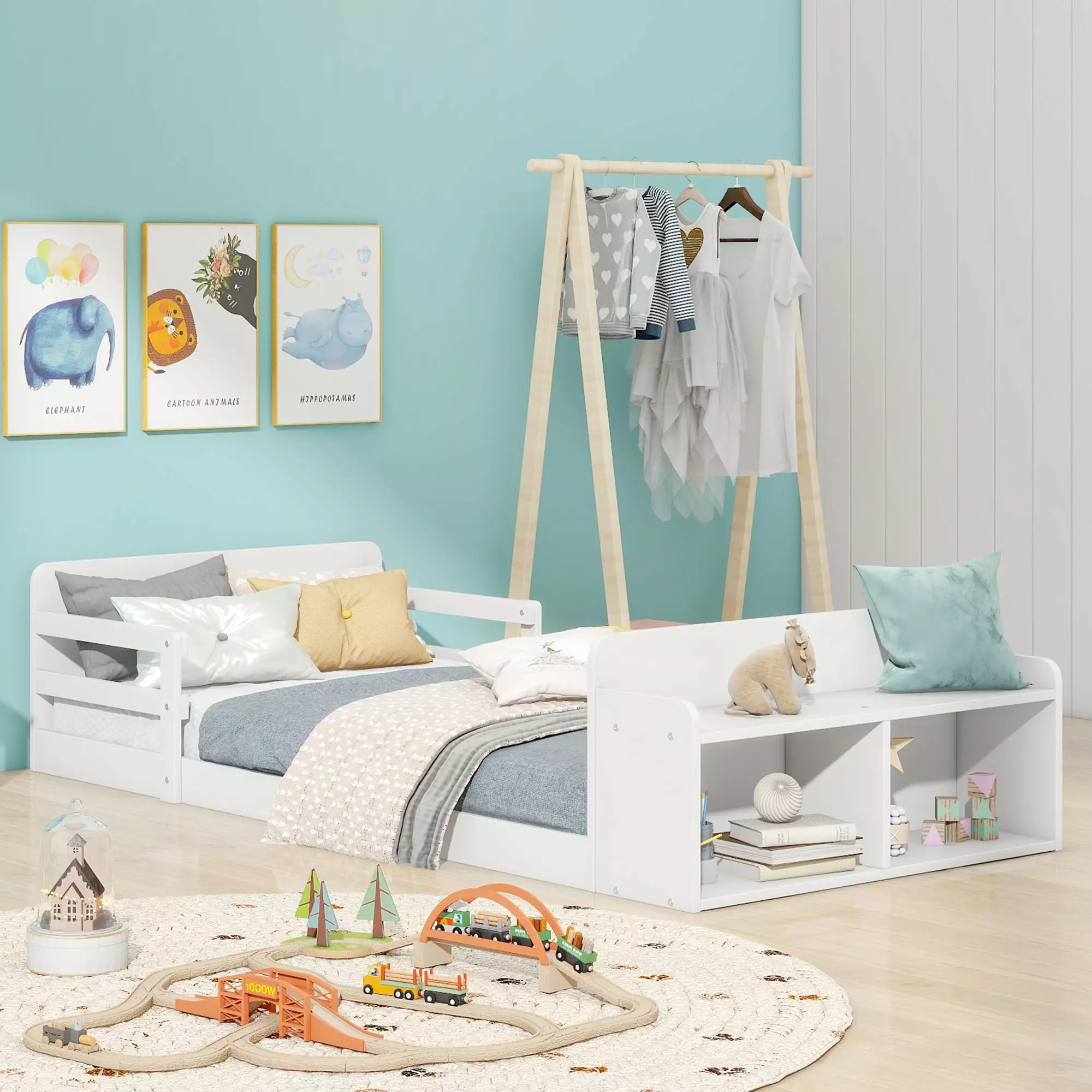 Euroco Wood Twin Size Floor Bed. Twin Platform Bed with Storage Desk and Shelf. White