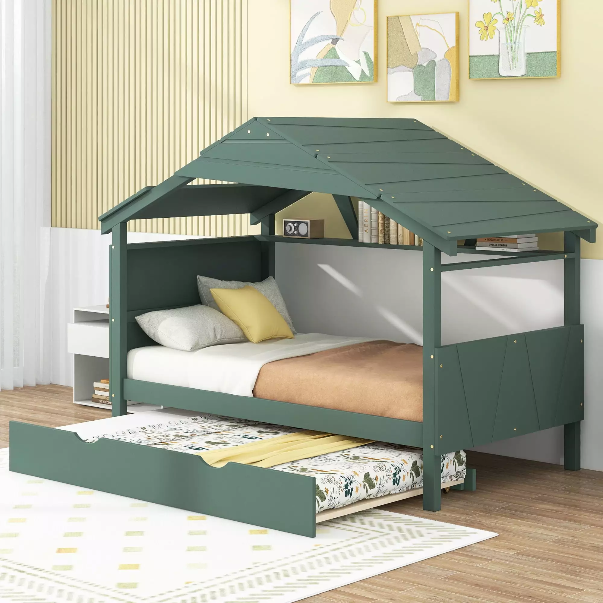 Euroco Wood Twin Size House Bed with Trundle and Built-in Shelf. Low Profile Daybed for Kids Teens Adulst. Green