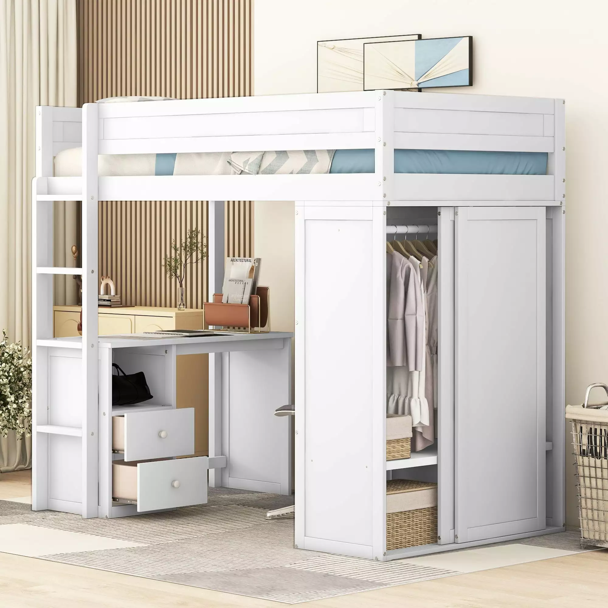 Euroco Wood Twin Size Loft Bed with Desk and Wardrobe. Built-in Desk with 2 Drawers. Big Wardrobe with Sliding Door and Clothes Hanger for Kids Teens Adults. White