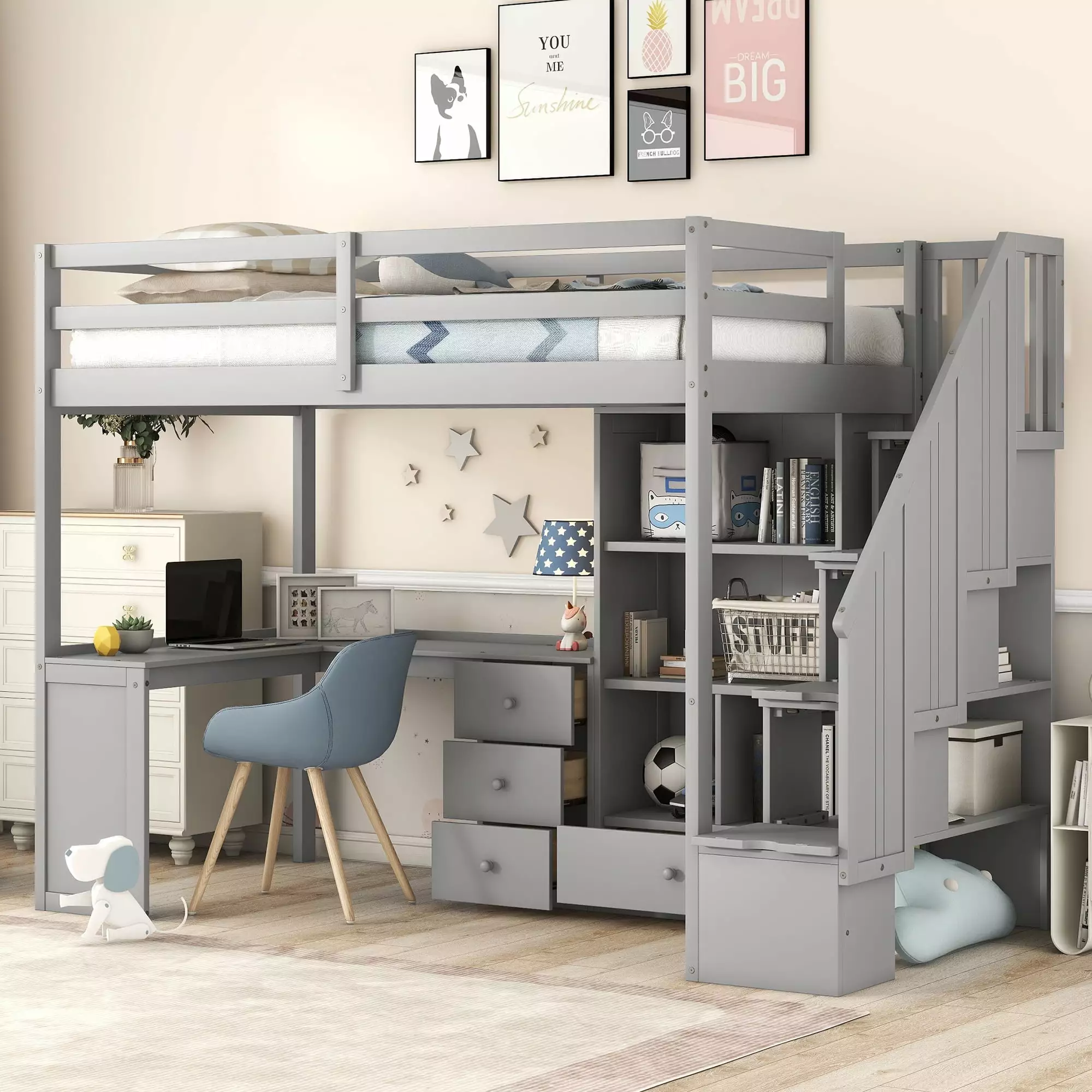 Euroco Wood Twin Size Loft Bed with Storage Cabinet. Dsiplay Case and Desk for Kids Bedroom. Gray