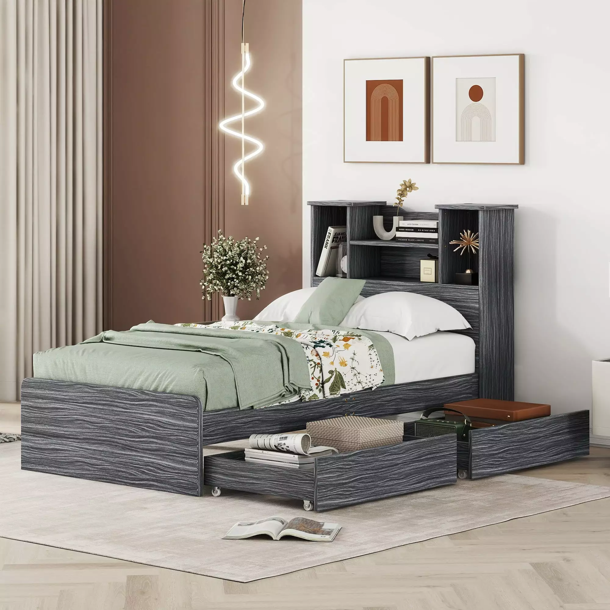 Euroco Wood Twin Size Platform Bed with 2 Drawers for Kids. Storage Shelf and LED Light Headboard. Gray