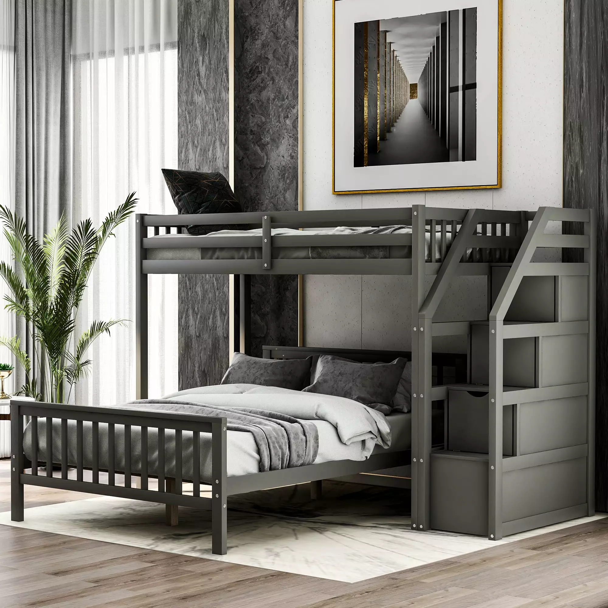 Euroco Wood Twin over Full Bunk Bed. Loft Bed with Moveable Full Platform Bed. Storage Staircase for Kids Teens Adults. Gray