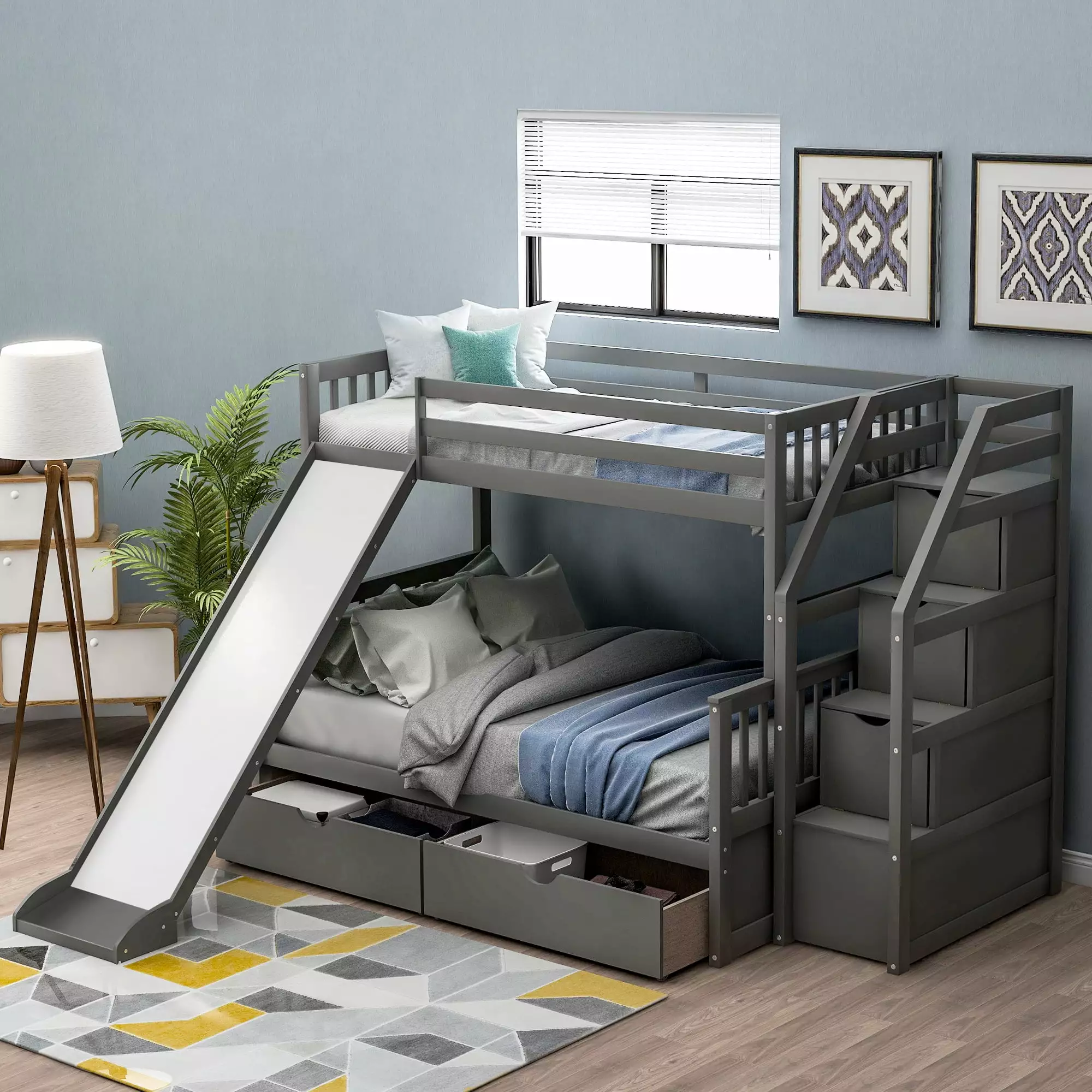 Euroco Wood Twin over Full Bunk with Drawers and Slide. Storage Staircase for Kids Teen Adults. Gray