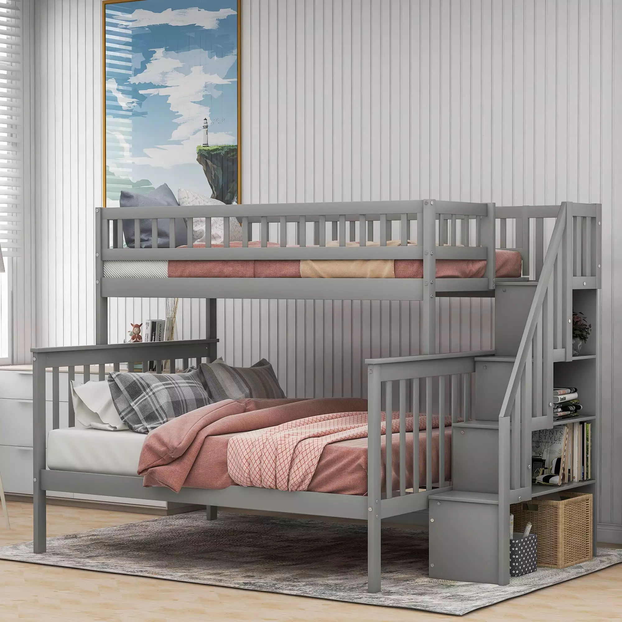 Euroco Wood Twin over Full Bunk Bed with Stairs and Storage Shelf for Kids Bedroom. Gray