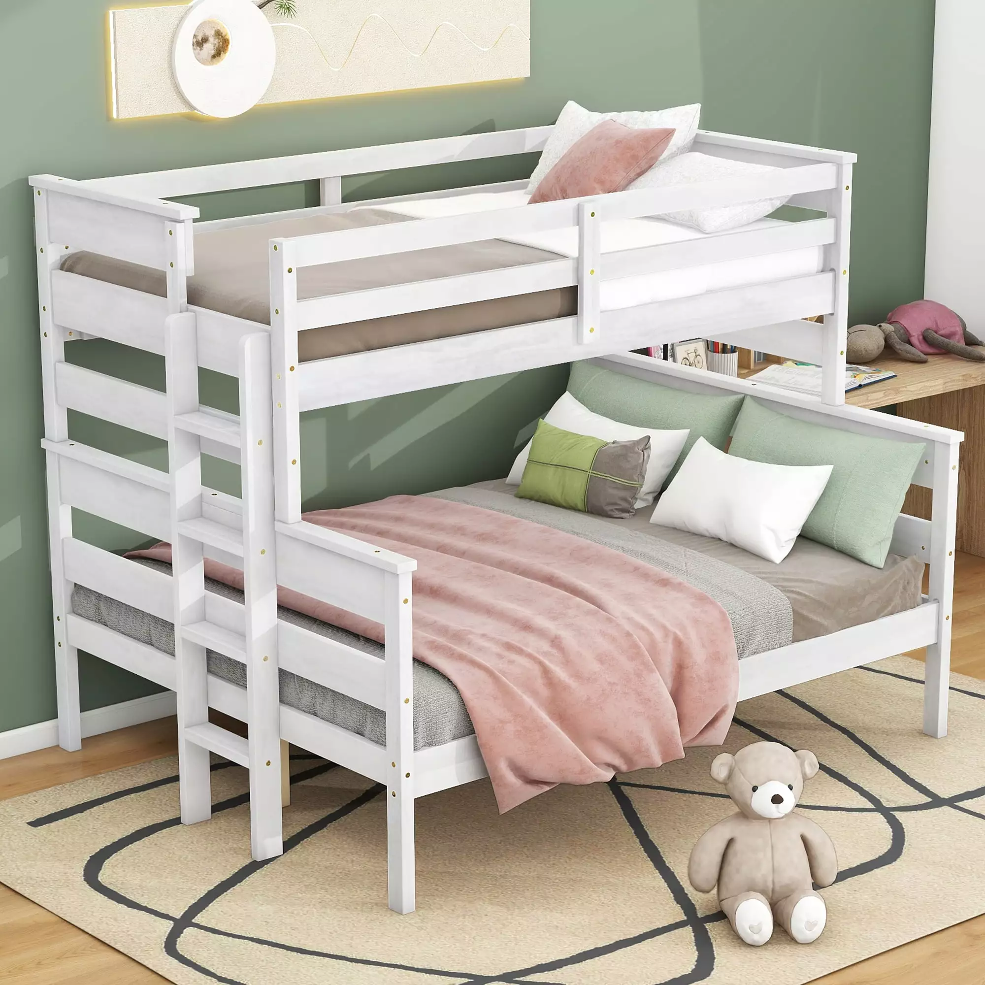 Euroco Wood Twin over Full Size Bunk Bed. 2-in-1 Bed for Kids. Divided 2 Single Platform Beds. White