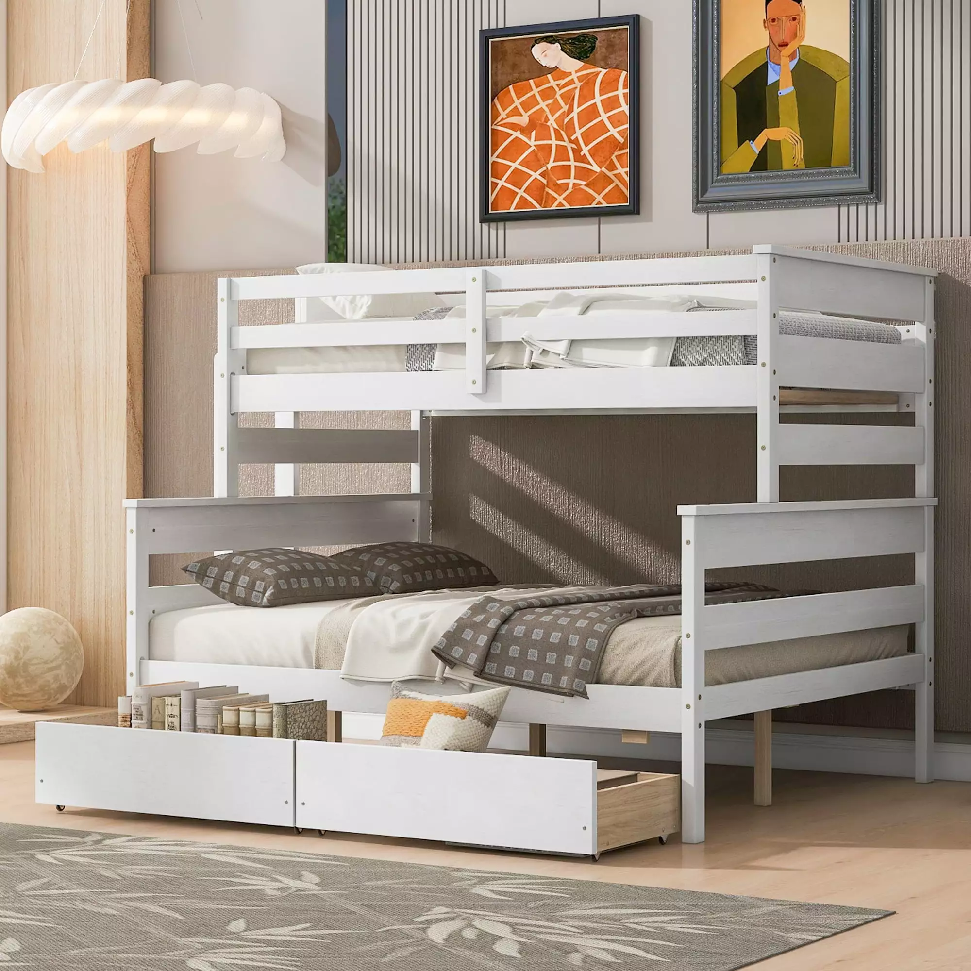 Euroco Wood Twin over Full Size Bunk Bed with Two Drawers. 2-in-1 Beds for Bedroom. Divided Bunk Bed Frame. White