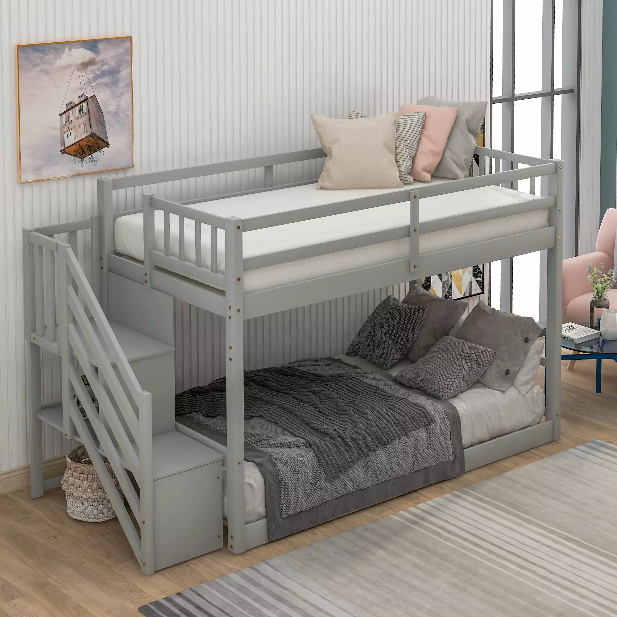 Euroco Wood Twin over Twin Floor Bunk Bed with Staircase for Kids Room. Gray