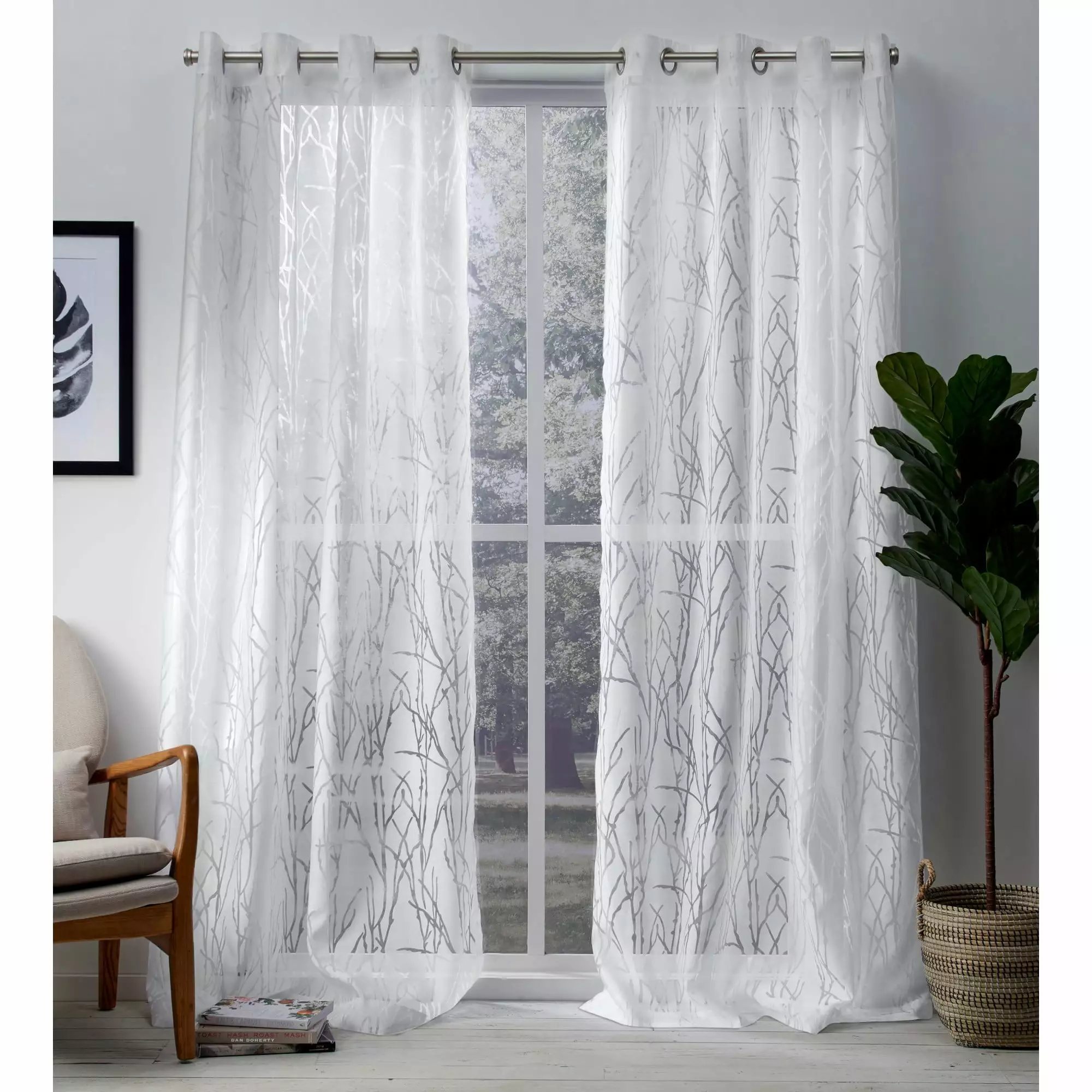 Exclusive Home Edinburgh Sheer Branch Burnout Grommet Top Curtain Panel Pair. 52x96. Winter White