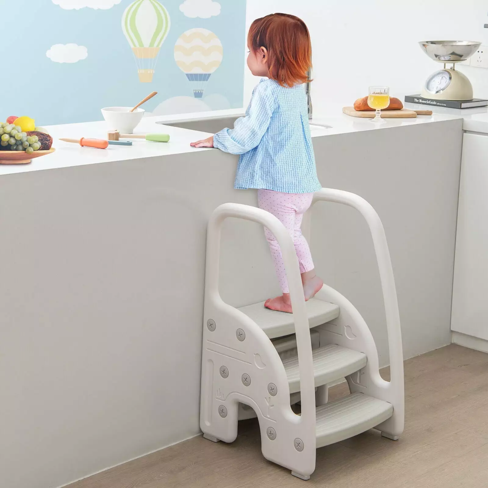 Exdeerjoy Kids 3-Step Stool. Toddler Stepping Stool with Handles. Plastic Learning Helper Stool Grey