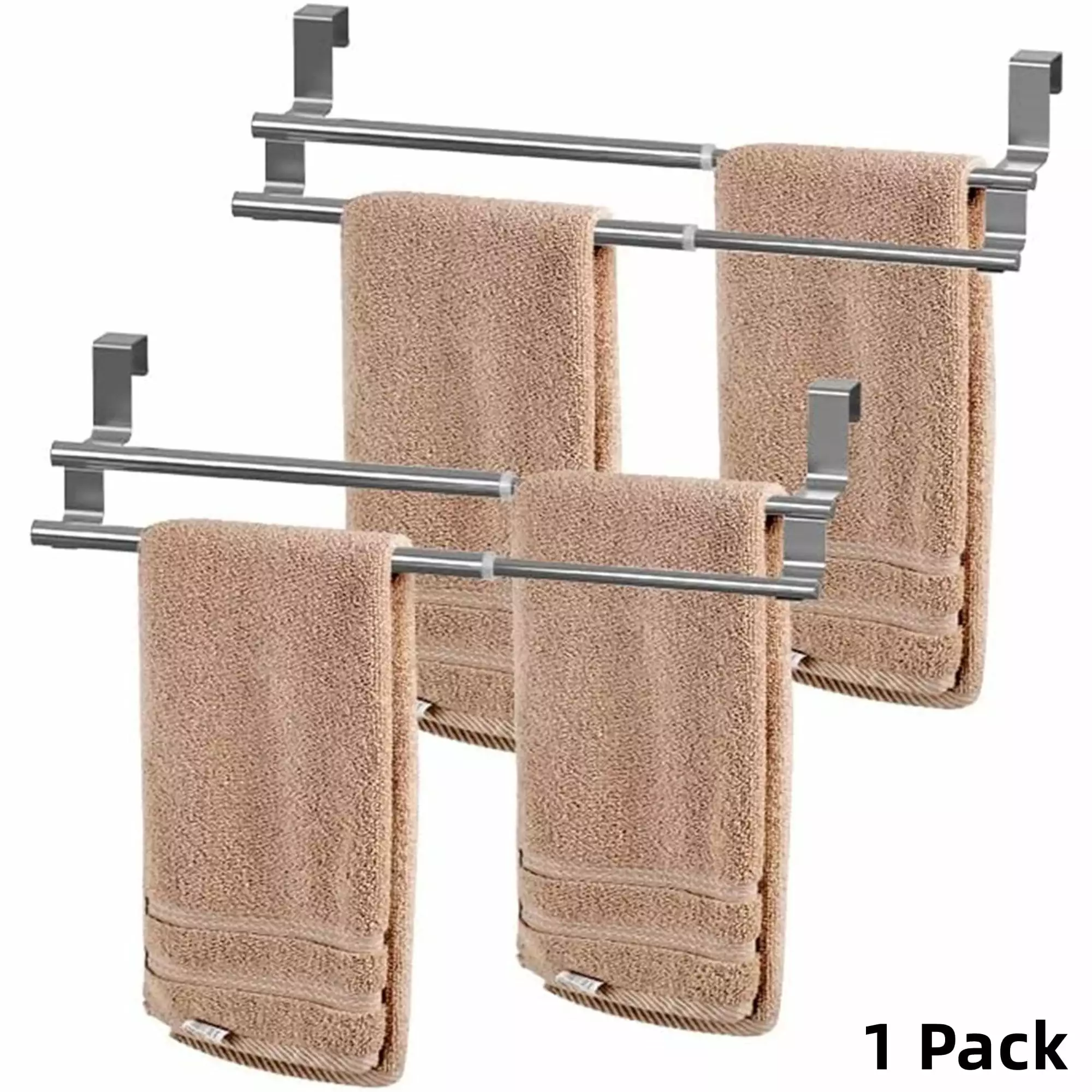 Expandable Kitchen Towel Holder.Casewin Double Over The Door Towel Rack. Stainless Steel Towel Hanger for Universal Fit on Inside or Outside of Cupboard Doors. Silver--(1 Pack )