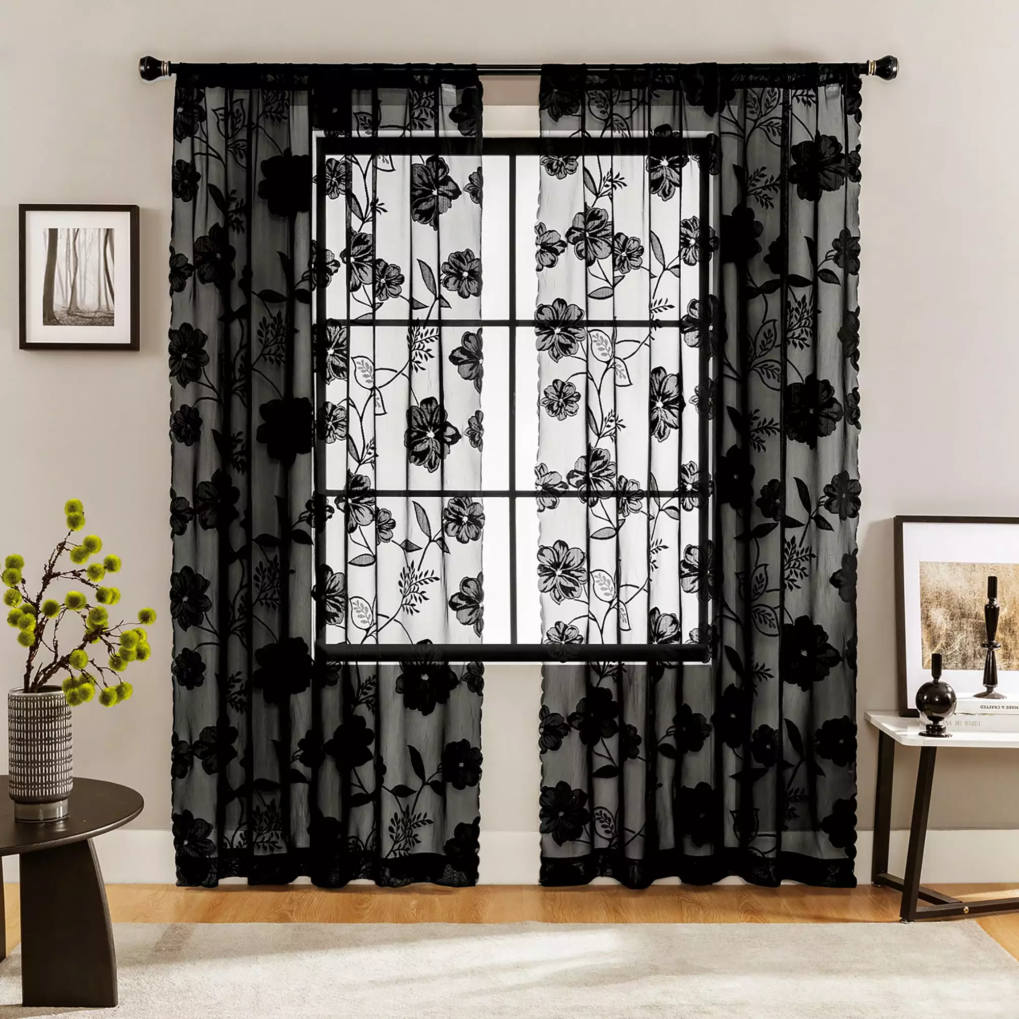 Exultantex Black Sheer Lace Curtains. Vintage Rose Floral Embroidery. Rod Pocket. 54 x 84. Set of 2 Panels