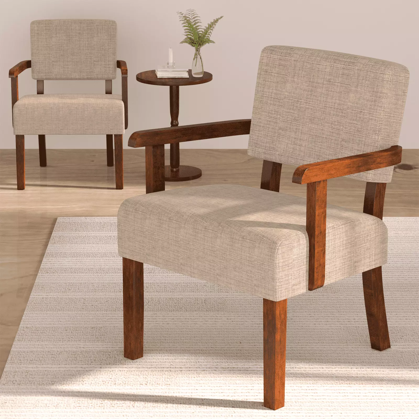 FAGAGA Accent Chair Set of 2 with Table. Mid-Century Modern Chairs with Soft Seat and Wide Armrests for Living Room Bedroom Reading Room Waiting Room. Beige