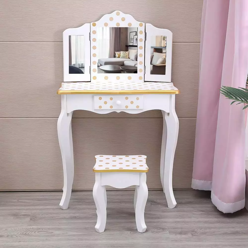 FCH Kids Vanity Table and Stool Set. Pretend Play Princess Makeup Dressing Table with Three - Fold Mirror. Gold