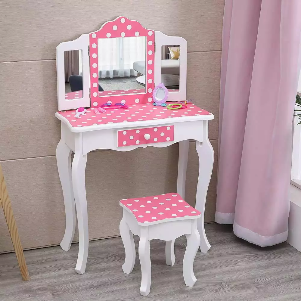 FCH Kids Vanity Table and Stool Set with 3 Mirrors. Pretend Play Princess Makeup Dressing Table. Children's Furniture