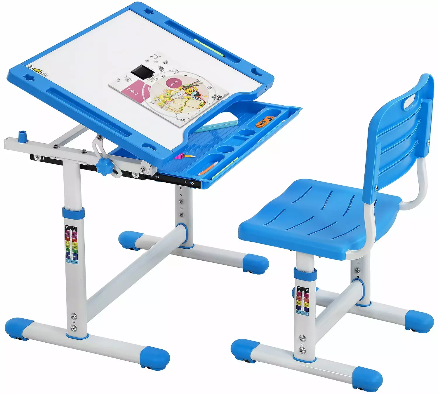 FDW Height Adjustable Multifunctional Children's Study Desk Table Chair Set with Drawer for Kids (Blue)