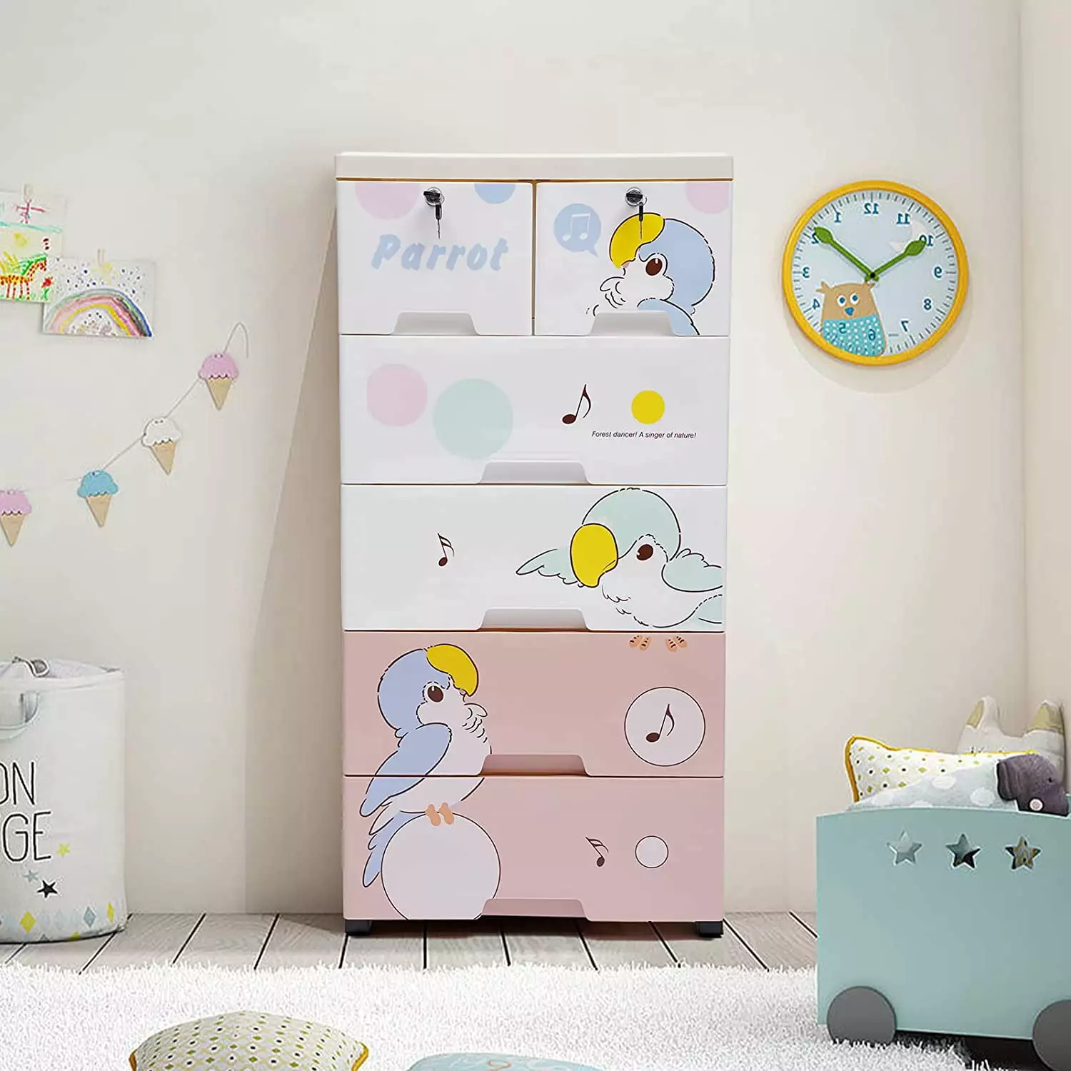 FETCOI Plastic Cabinet 6 Drawer Plastic Dresser Storage Cabinet Parrot Pattern Kids' Room