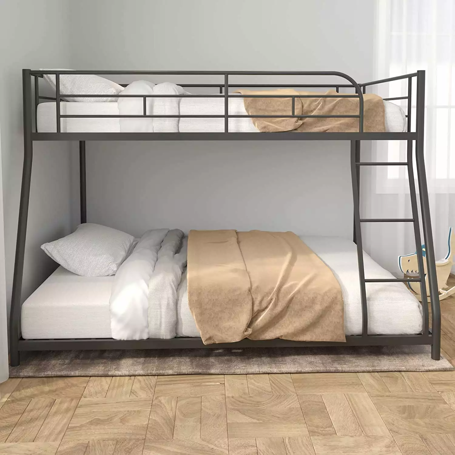 FIHONZIZA Bunk Bed Twin Over Full Sturdy Steel Metal Bed Frame with Flat Ladder and Guardrail for Children/Kids/Teens/Adults (Black)