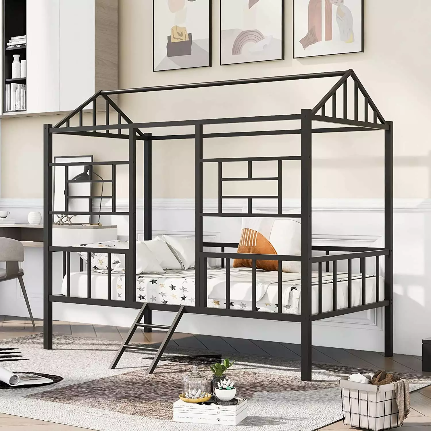 FIHONZIZA Metal Twin Size House Loft Bed for Kids. Low Loft Bed with Roof and Ladder. Junoir Loft Bed Twin for Girls Boys.Playhouse Bed Frame. Black