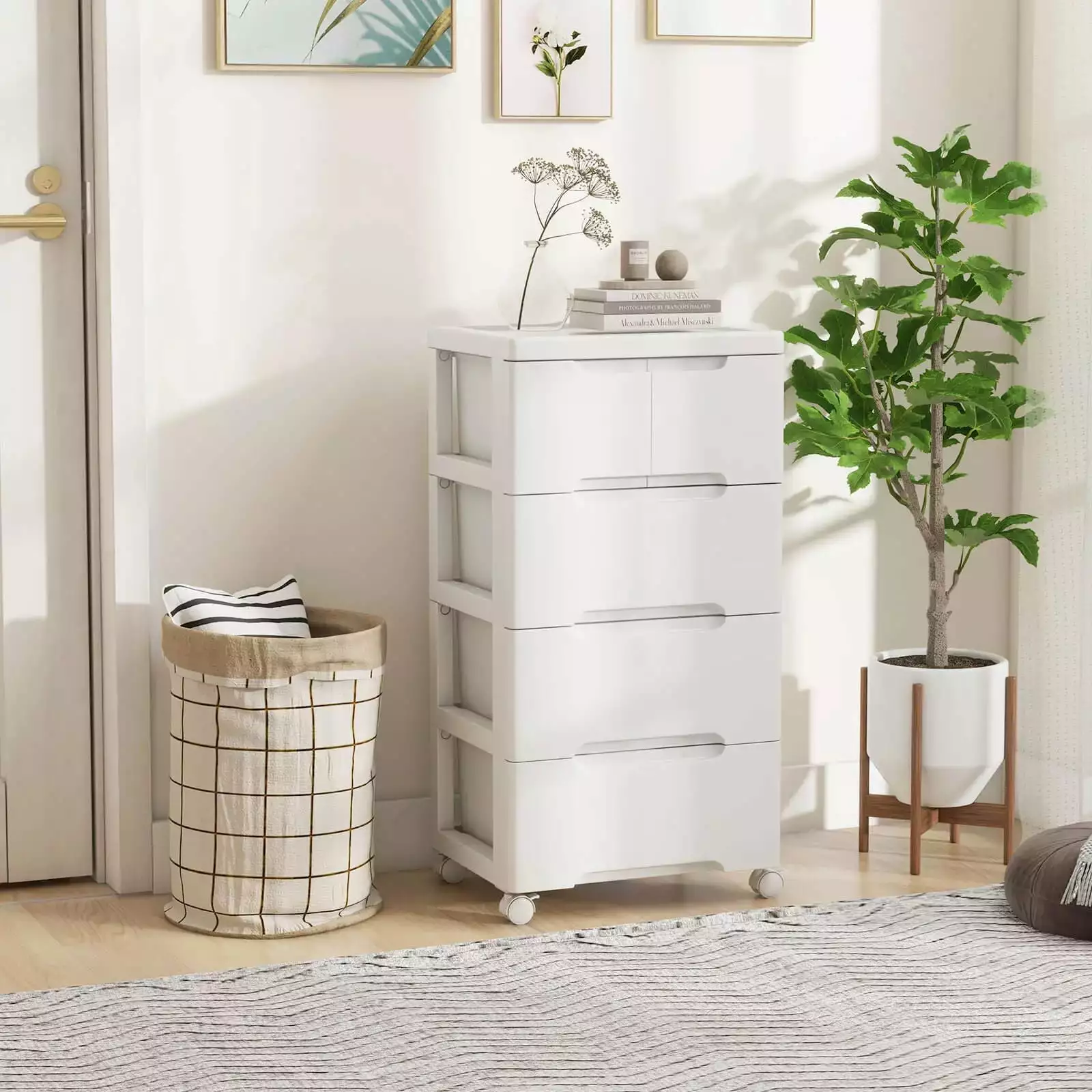 FONIRRA 5 Drawer Plastic Rolling Storage Cart With 4 Universal Wheels Dresser Cabinet. White.