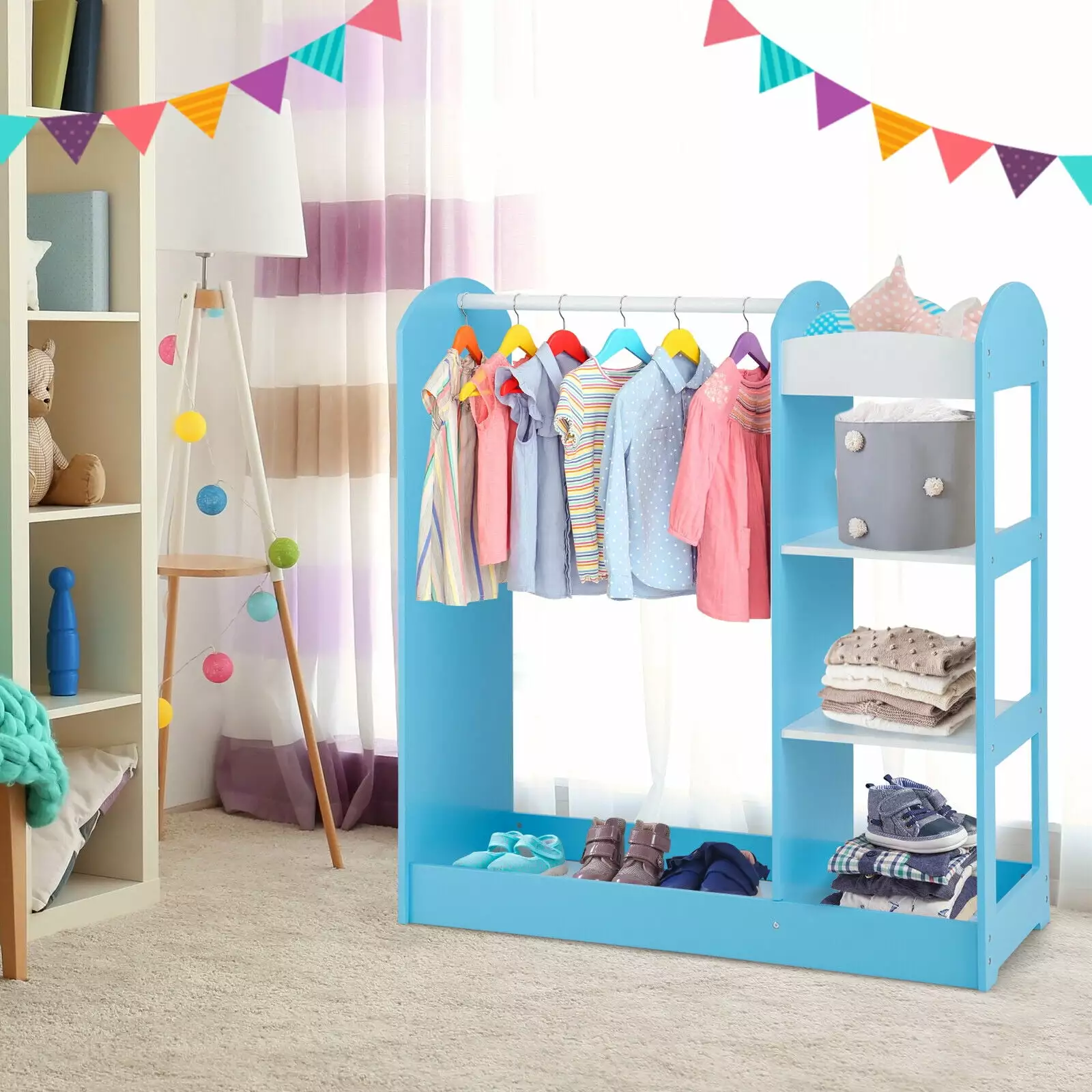 FONIRRA Kids Dress up Storage with Hanging Armoire Mirror and Shelves Clothing Organizer. Blue