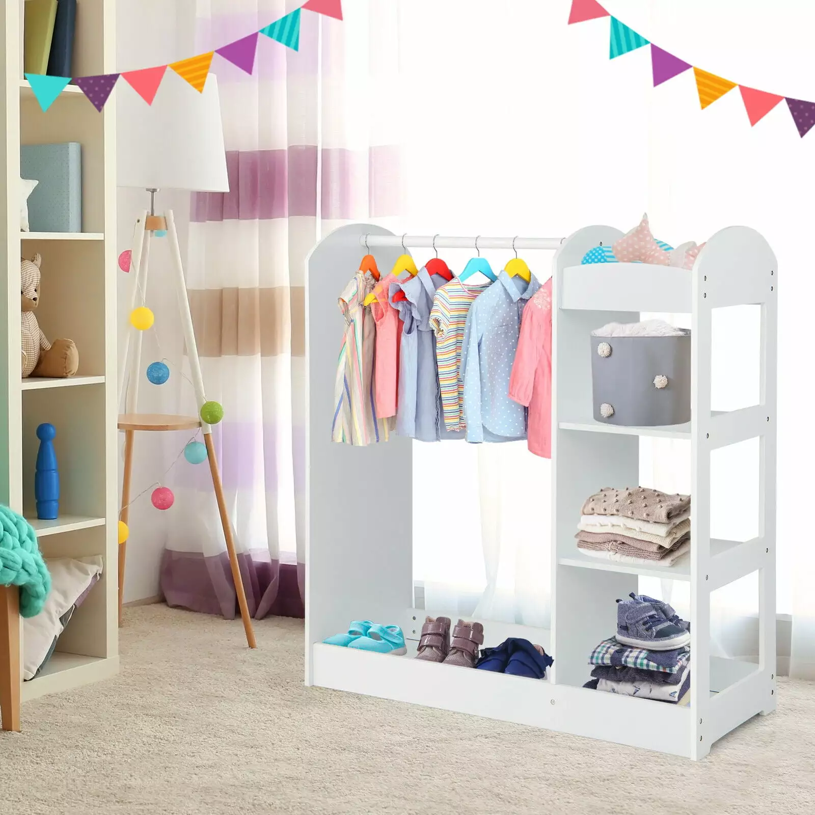 FONIRRA Kids Dress up Storage with Hanging Armoire Mirror and Shelves Clothing Organizer. White