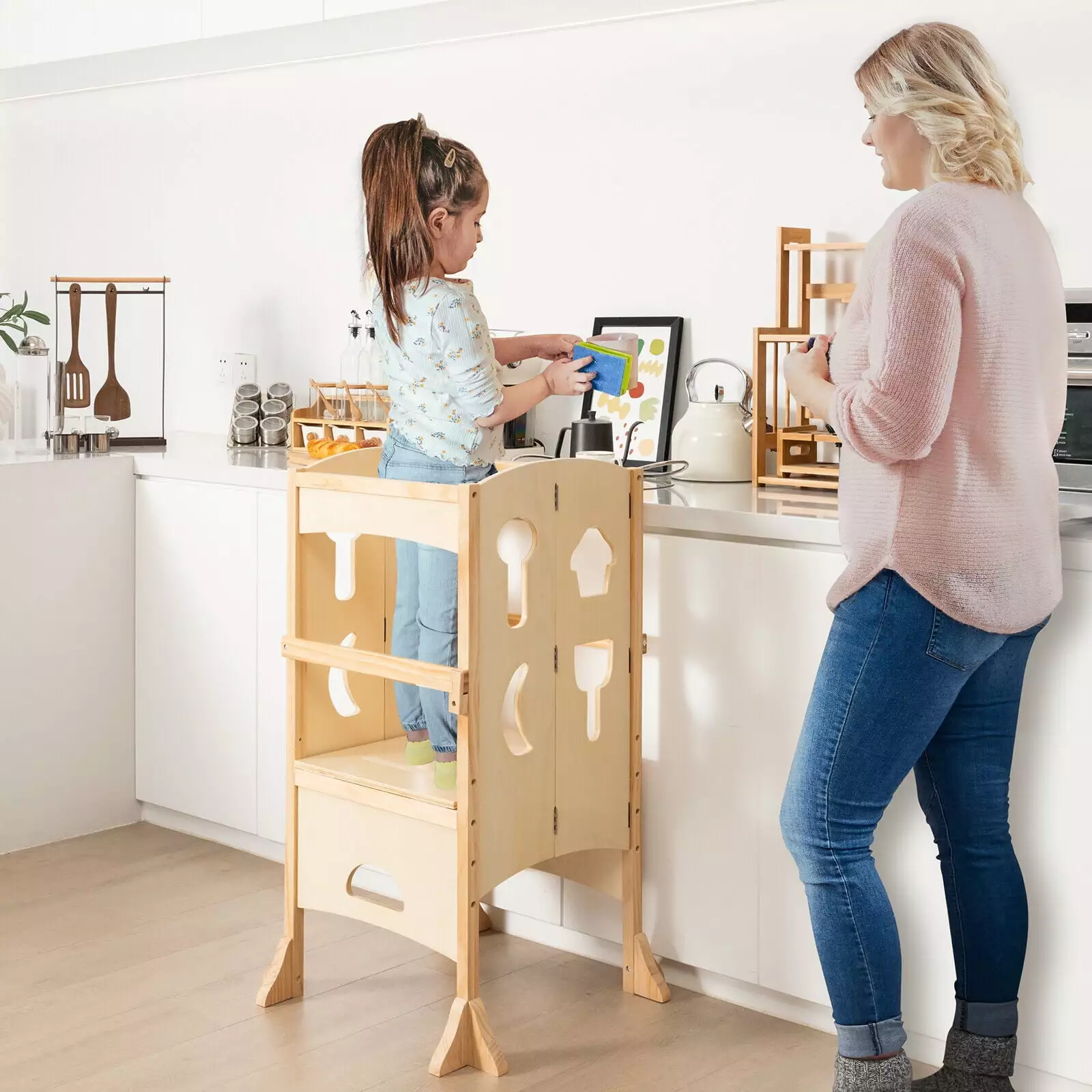 FONIRRA Kitchen Step Stool for Kids Wooden Foldable Tower Helper with Support Handles Safety Rail for Kitchen Counter. Natural