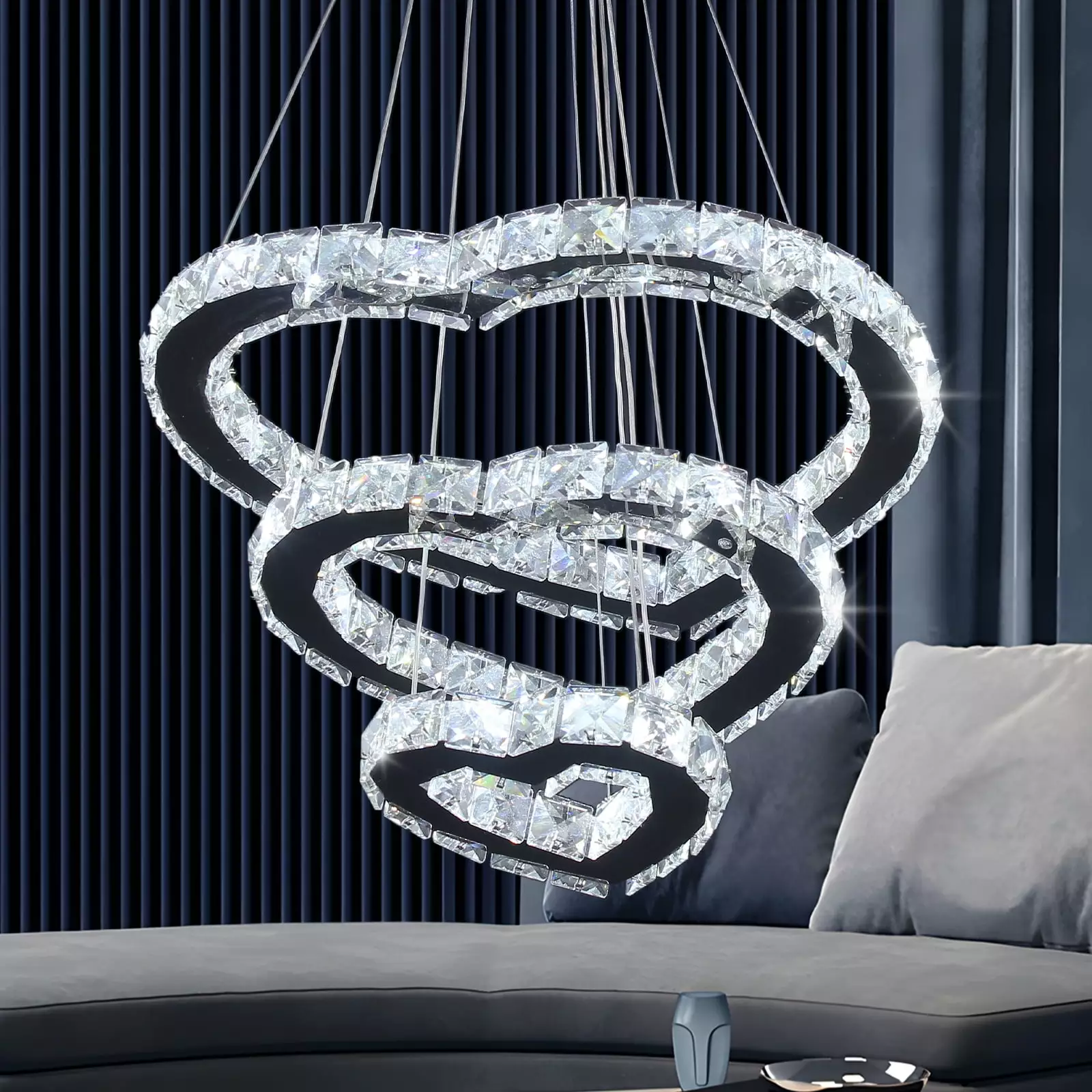 FRIXCHUR Modern Crystal Chandelier. Contemporary 3 Rings Heart-Shaped Led Ceiling Lights Fixtures Adjustabl Stainless Steel Hanging Pendant Lighting for Living Room Bedroom Restaurant