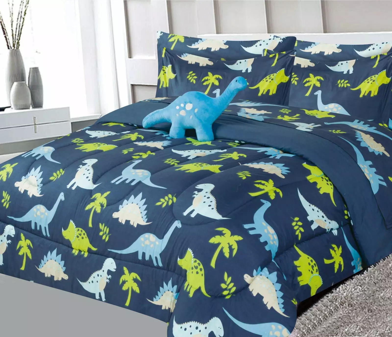 FULL 8 PIECE KIDS BOYS COMFORTER SET BED IN BAG W/SHAMS. SHEET SET & DECORATIVE TOY PILLOW. DINOSAUR NAVY PRINT BLUE BOYS KIDS COMFORTER BEDDING SET W/SHEETS.8PC DINOSAUR NAVY